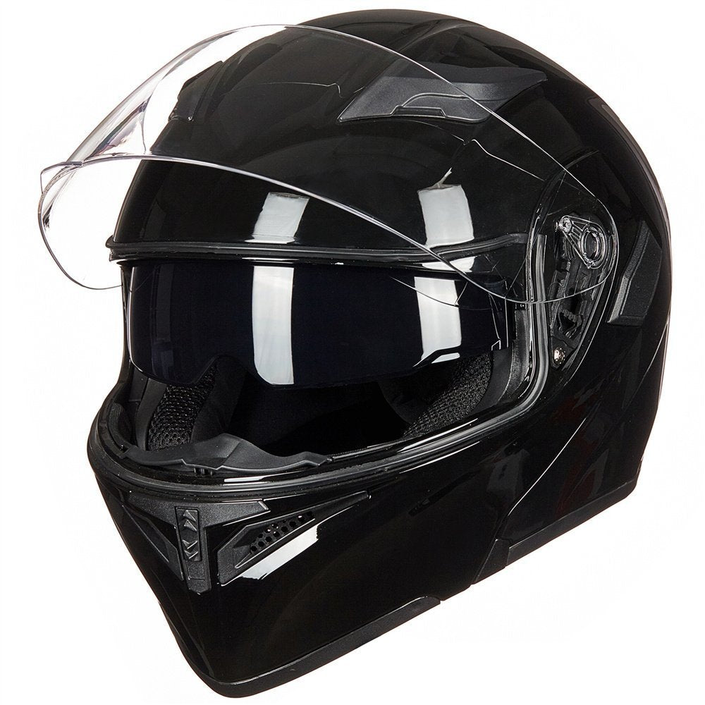 Ilm Motorcycle Dual Visor Flip Up Modular Full Face Helmet Dot 6 Colors Model 902 (M, Gloss Black)