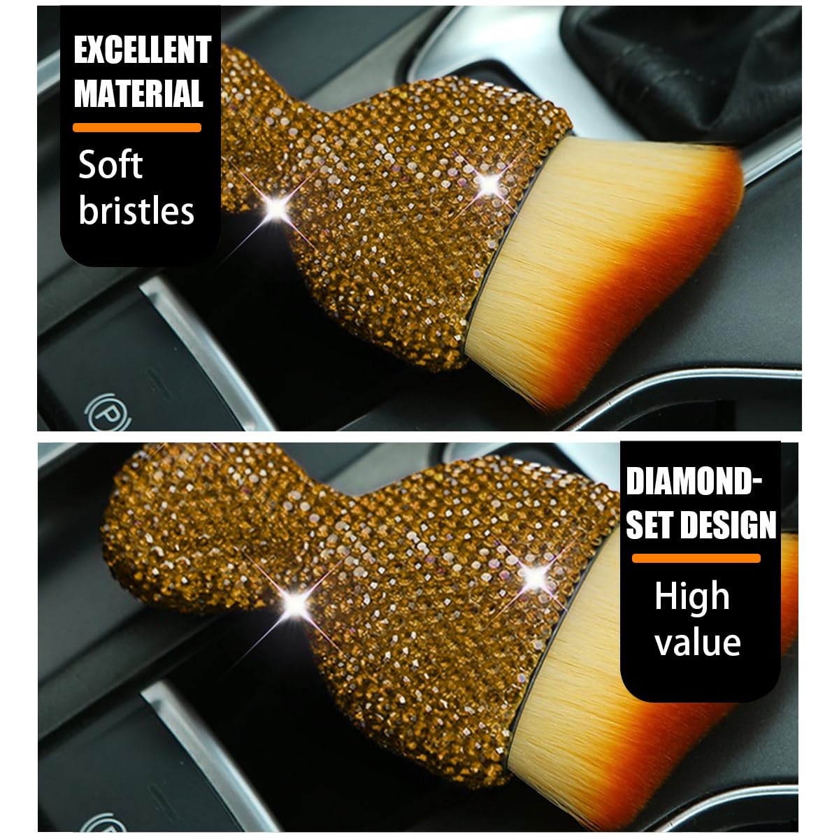 Zipelo Auto Interior Dust Brush, Car Detailing Cleaning Brush With Diamond, Bling Handle Soft Bristles Dusting Tool, Scratch Fre