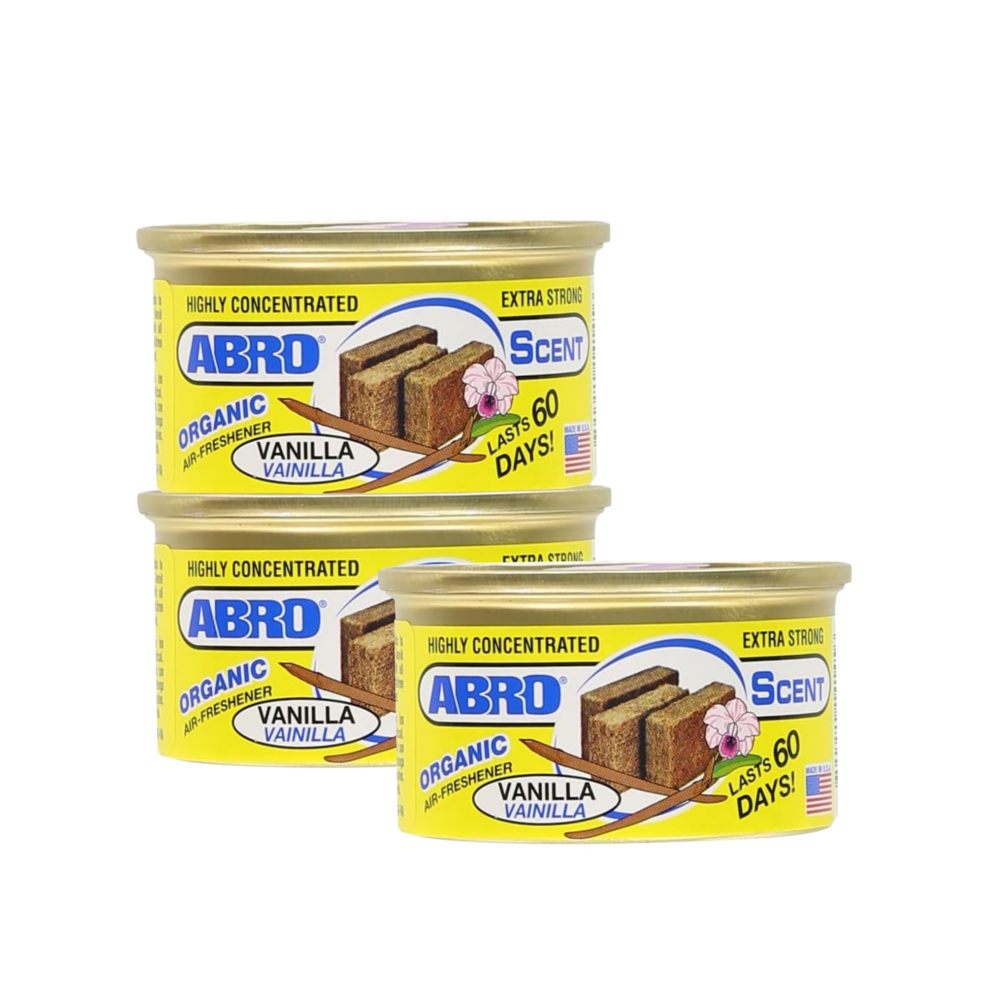 Abro Car Air Freshener Cans: Spill Proof Air Fresheners For Home, Office, Or Car Accessories, Lasts Up To 60 Days - 3 Pack Vanil