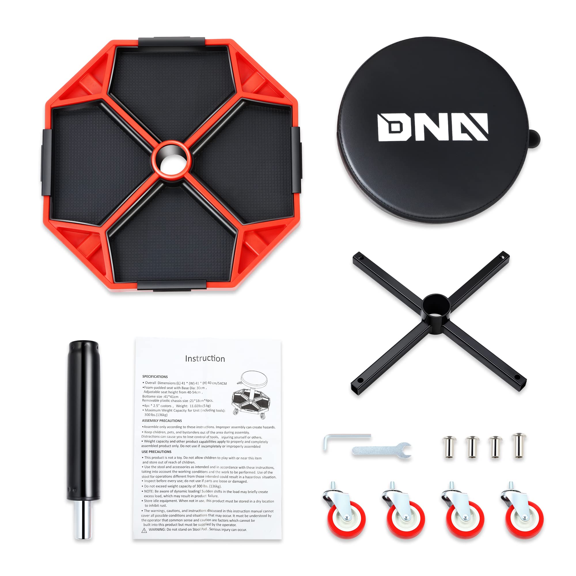 Dna Motoring Tools-00253 Adjustable Height Pneumatic Garage Seat Rolling Mechanic Stool With Tool Tray Storage,300Lbs Max Weight