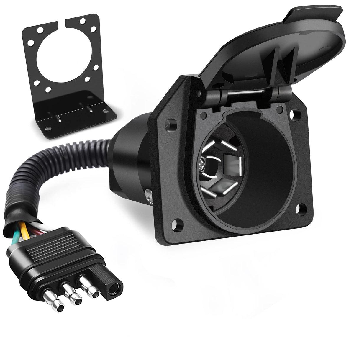 Mictuning 4-Way Flat To 7-Way Round Blade Trailer Adapter Wiring Plug Connector With Mounting Bracket