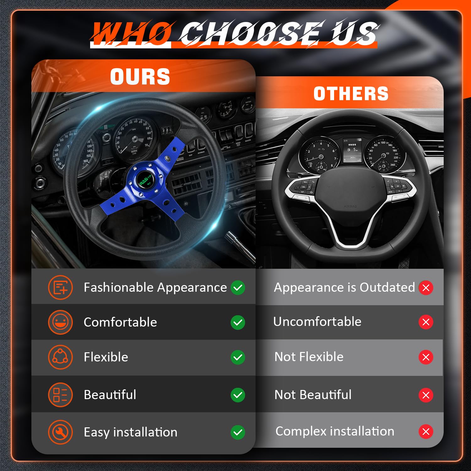 Rastp Universal Racing Steering Wheel,Drifting Deep Dish Steering Wheel 13.8   /350Mm 6 Bolts Grip Vinyl Leather & Aluminum With