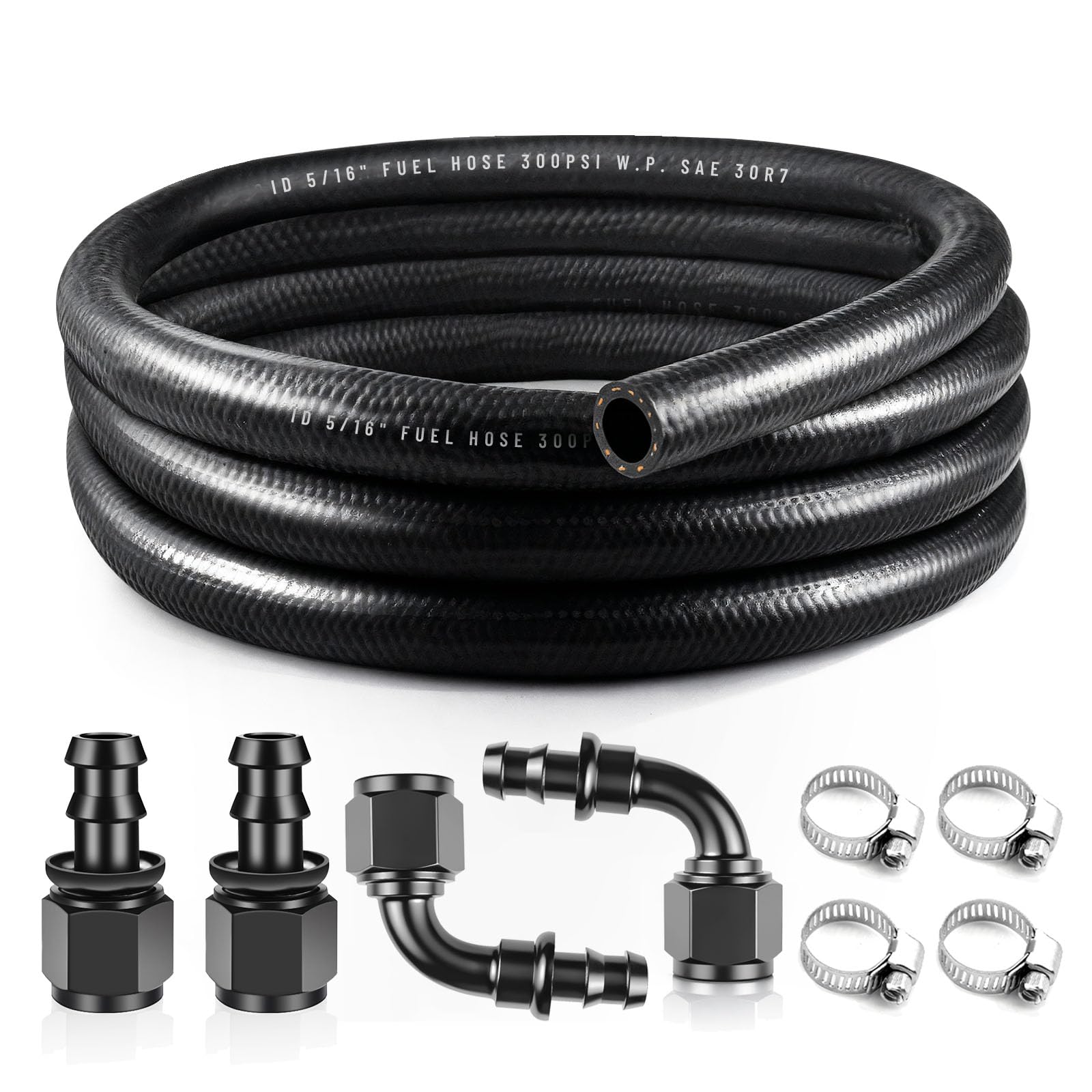 5/16 Fuel Hose Line Kit 10FT with 4Pcs 4AN Push Lock Hose Fitting End for NBR Rubber Fuel Line SAE 30R7 150PSI, Black 2-Stage Ba