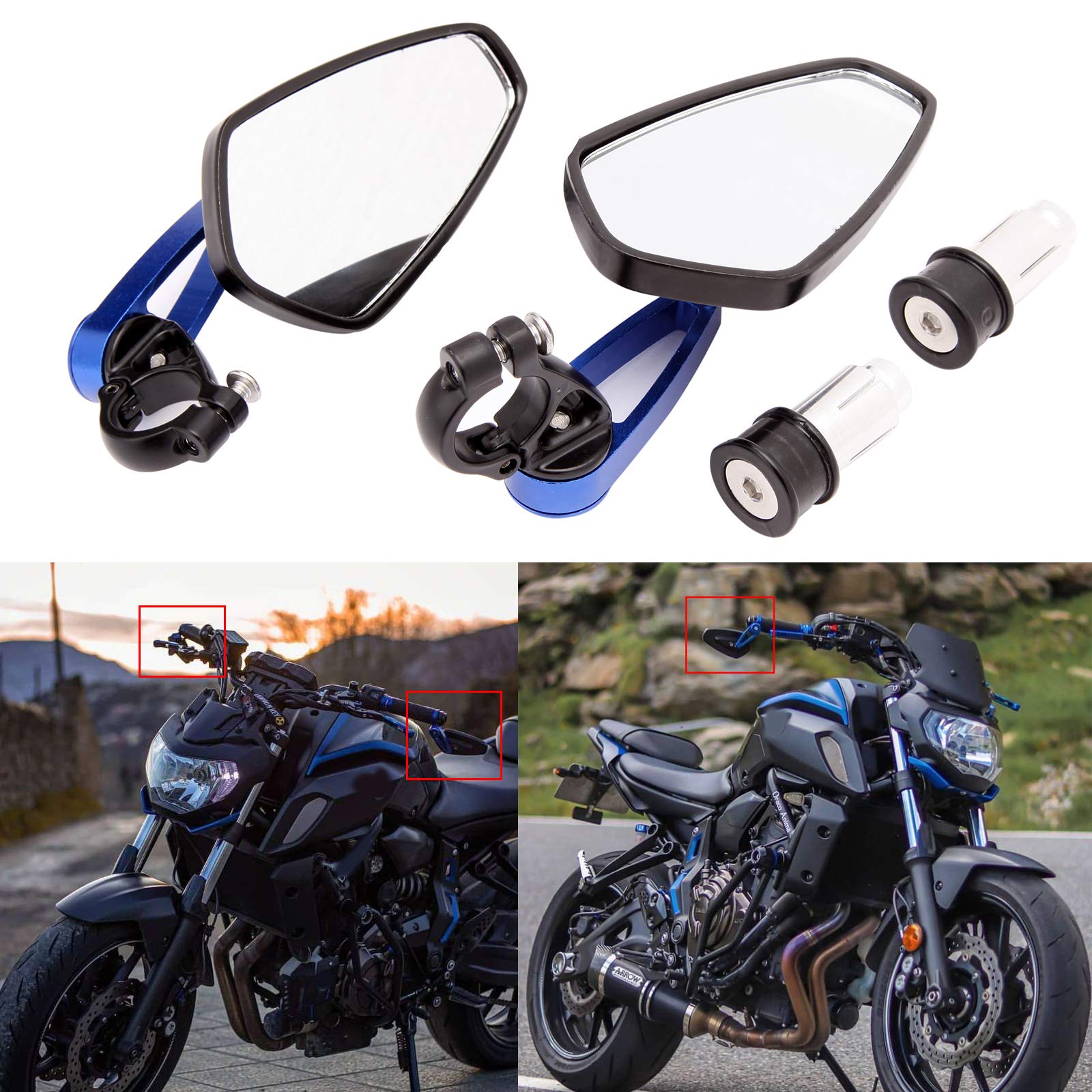 Universal Motorcycle 7/8 22 Bar End Mirrors Rear View Mirror Compatible With Honda Grom Yamaha Kawasaki Ducati Suzuki And More (Blue)