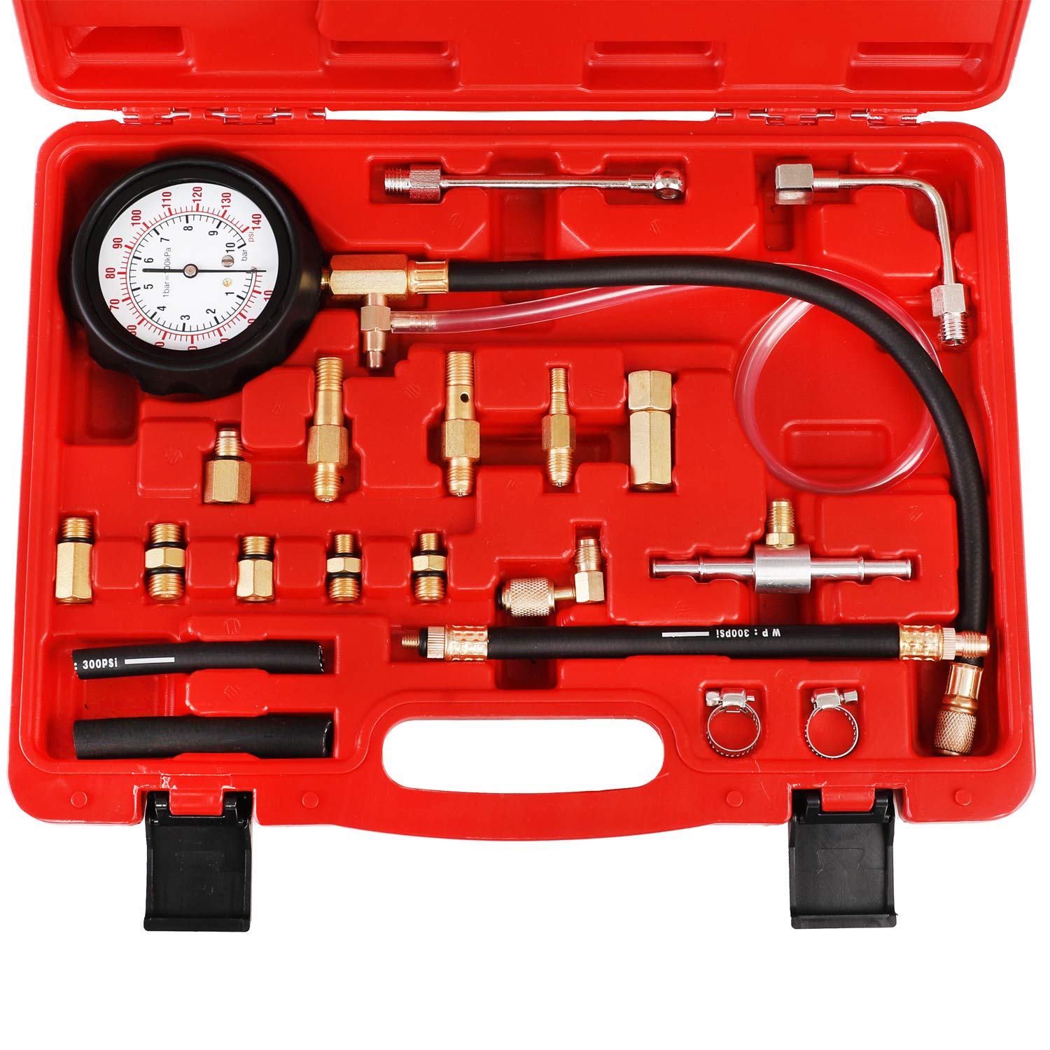 JIFETOR Fuel Injection Pump Pressure Tester Gauge Kit, Car Gasoline Gas Fuel Oil Injector Test Manometer Tool Set 0-140PSI, Univ