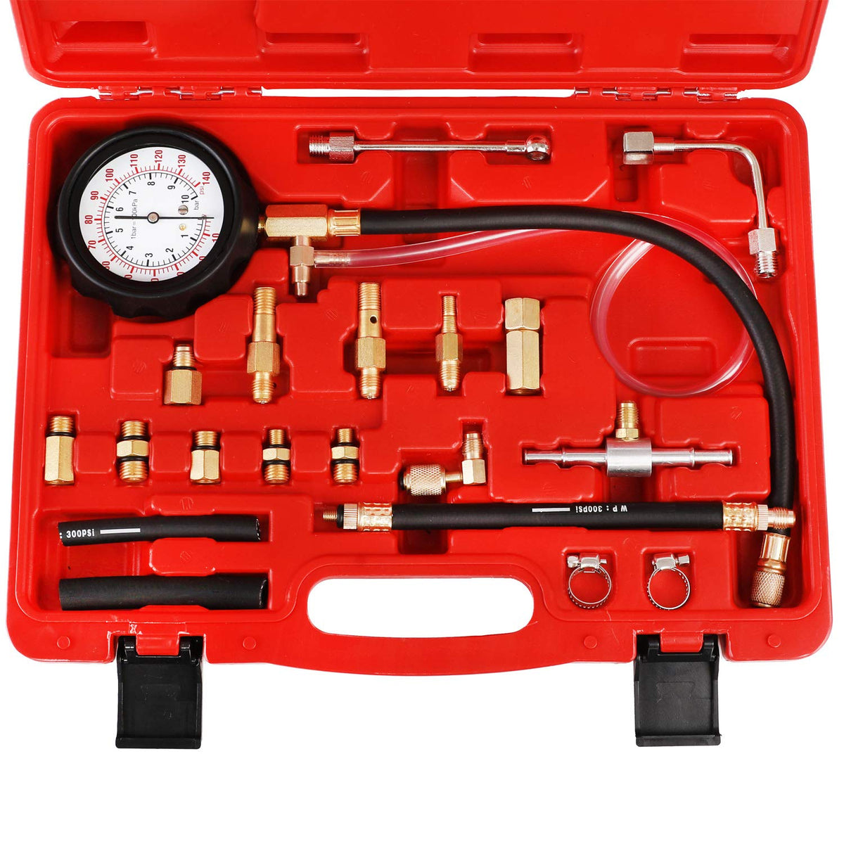 Jifetor Fuel Injection Pump Pressure Tester Gauge Kit, Car Gasoline Gas Fuel Oil Injector Test Manometer Tool Set 0-140Psi, Univ