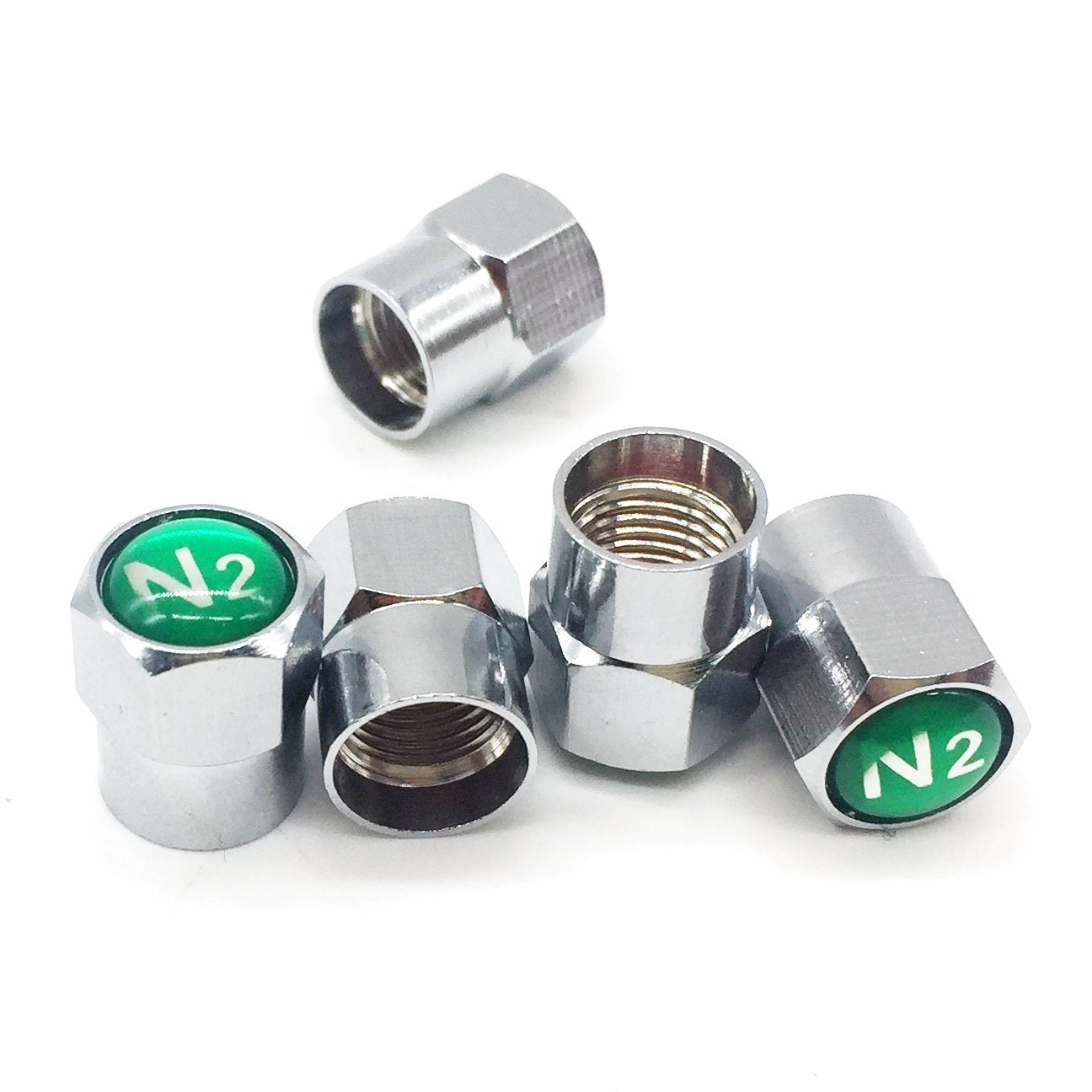GODESON Chrome Plated Brass Tire Valve Stem Caps with N2 Nitrogen Logo, Green, 0.53 inch, 5 pcs Set + 1 Spare