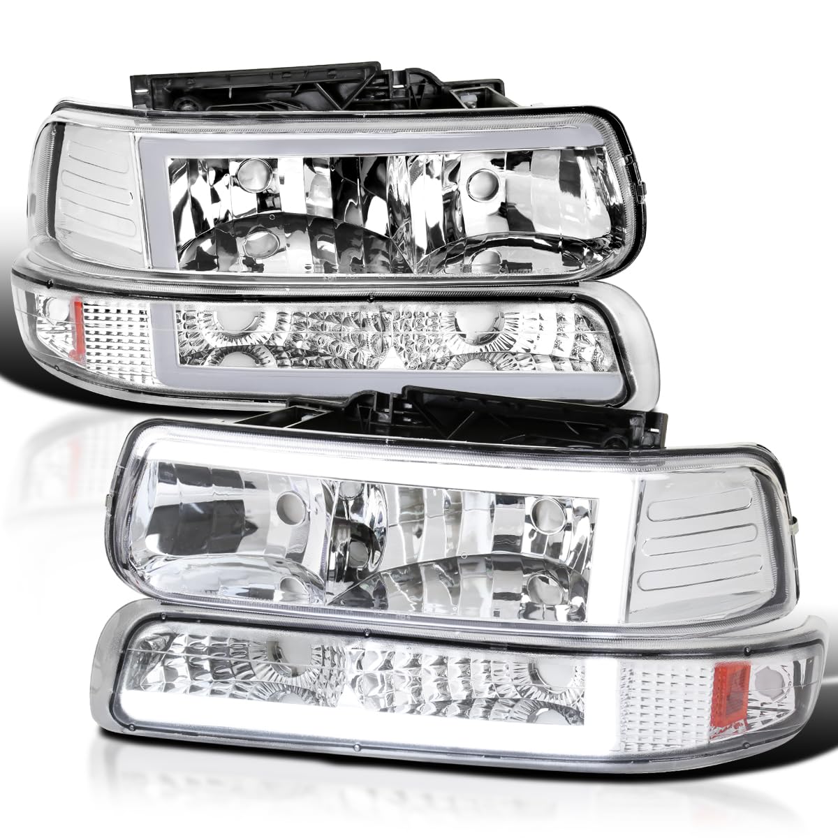 Spec-D Tuning Led Bar Chrome Housing Clear Lens Headlights + Bumper Lights 4Pc Compatible With 1999-2002 Chevy Silverado 2000-20
