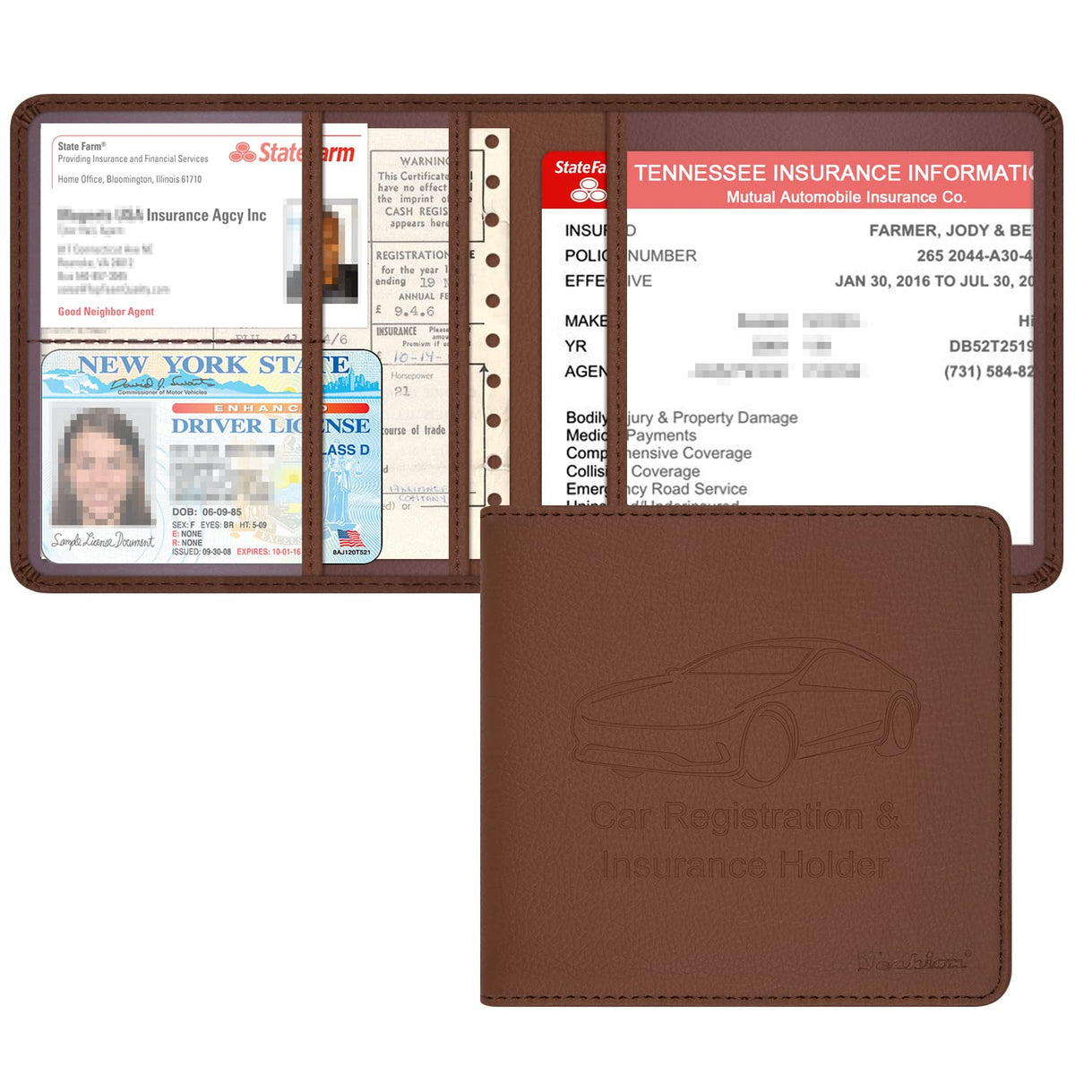 Techion Car Insurance And Registration Holder, 5.5 X 5 Inch Pu Leather Vehicle Glove Box Organizer Wallet Case For Insurance Card, Driver License, Paperwork - Brown