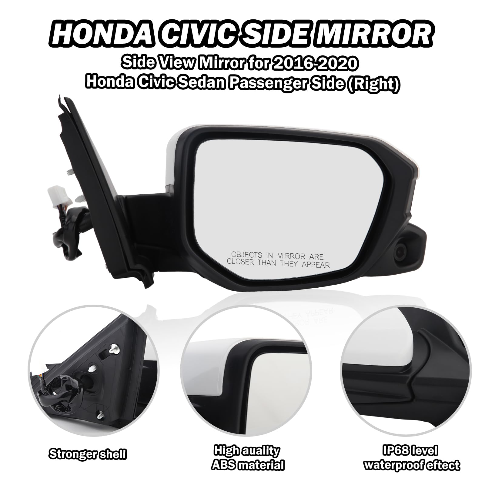 MOFOAP Right Passenger Side Mirror for 2016-2021 Honda Civic Sedan/Coupe/Hatchback, White, Power Heated with Camera, 11 Pins