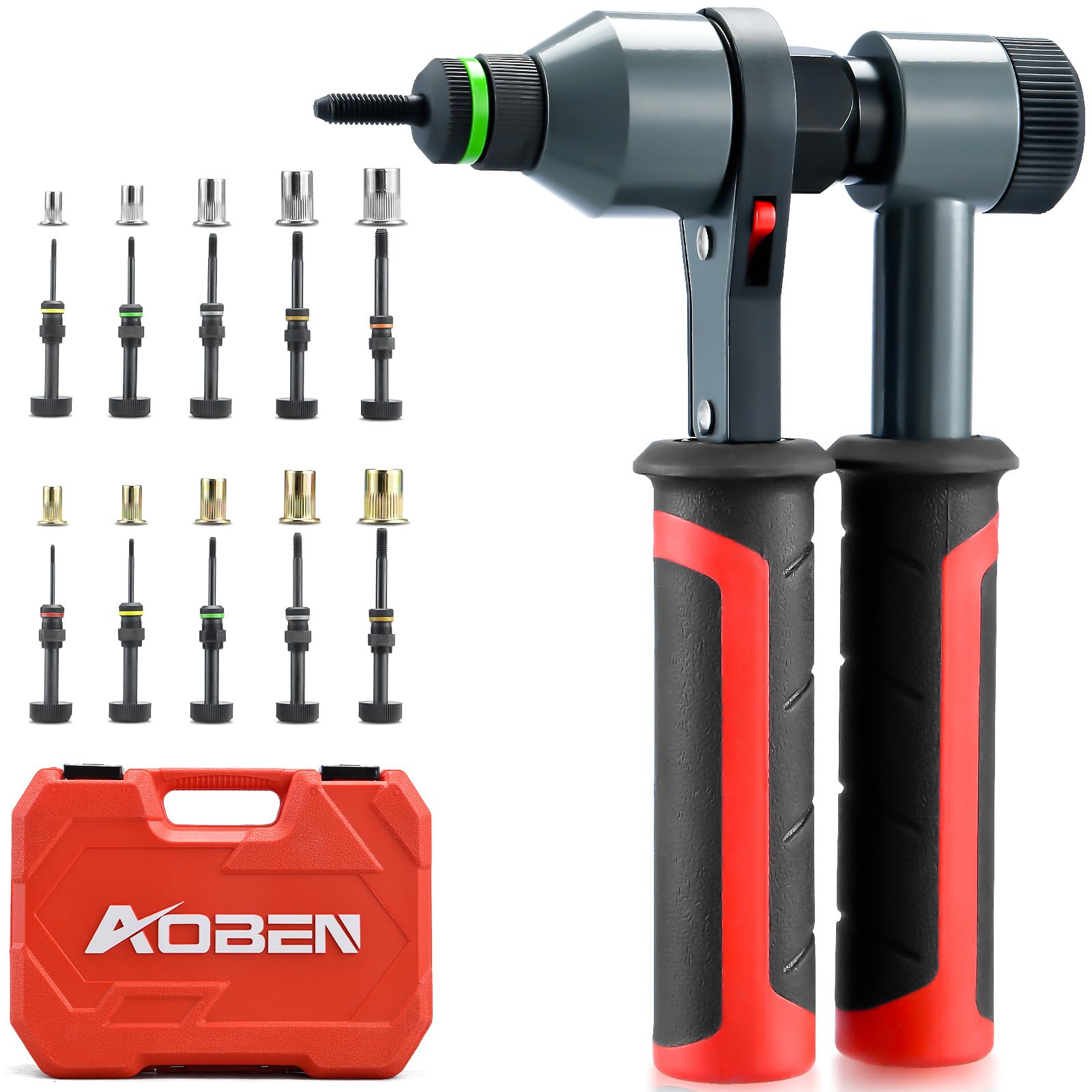 Aoben Rivet Nut Tool Kit, Nutsert Gun Kit, Upgraded Rivnut Tool With 10 Metric And Sae Madrels, 100 Pcs Rivnuts, And Rugged Carr