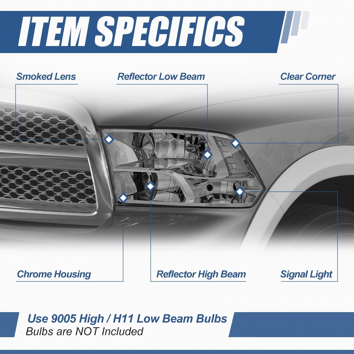 Auto Dynasty Quad Headlights Assembly Compatible With 2009-2010 Dodge Ram 1500 2500 3500, 2011-2018 Ram 1500 2500 3500 4500 5500