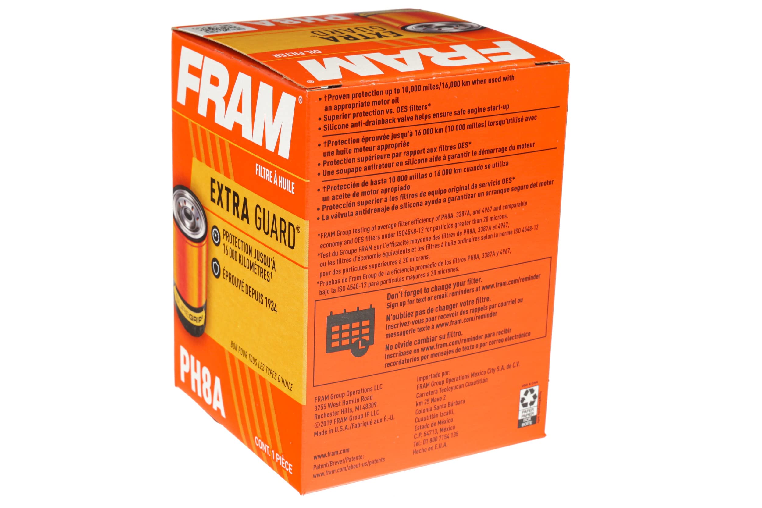 Fram Extra Guard Ph8A, 10K Mile Change Automotive Replacement Interval Spin-On Engine Oil Filter For Select Vehicle Models