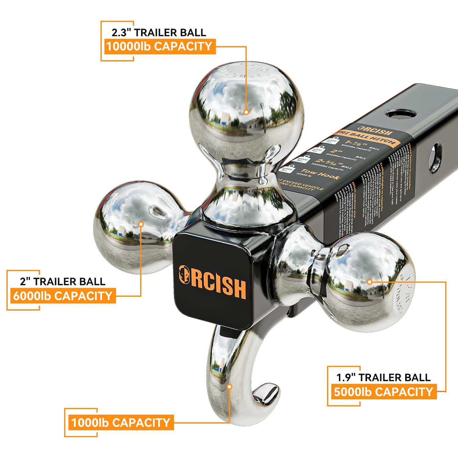 Orcish Trailer Hitch Tri-Ball Mount With Hook & Pin, Trailer Ball Size 1-7/8, 2 And 2-5/16, Fit 2 Inch Hitch Receiver, 2/3 In 1 Ball Truck Hitch, Tow Hitch