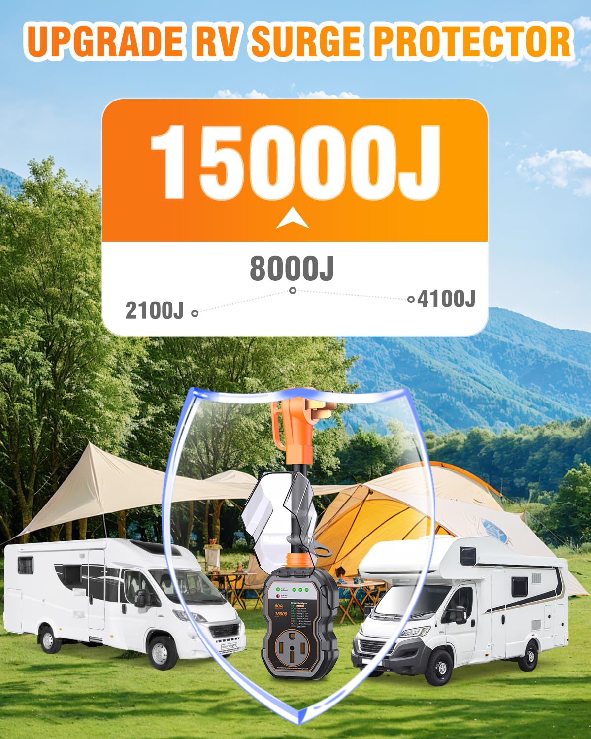 GEARGO 50 Amp RV Surge Protector, 15000 Joules, IP68 Voltage Protection, Orange Adapter Plug for Campers