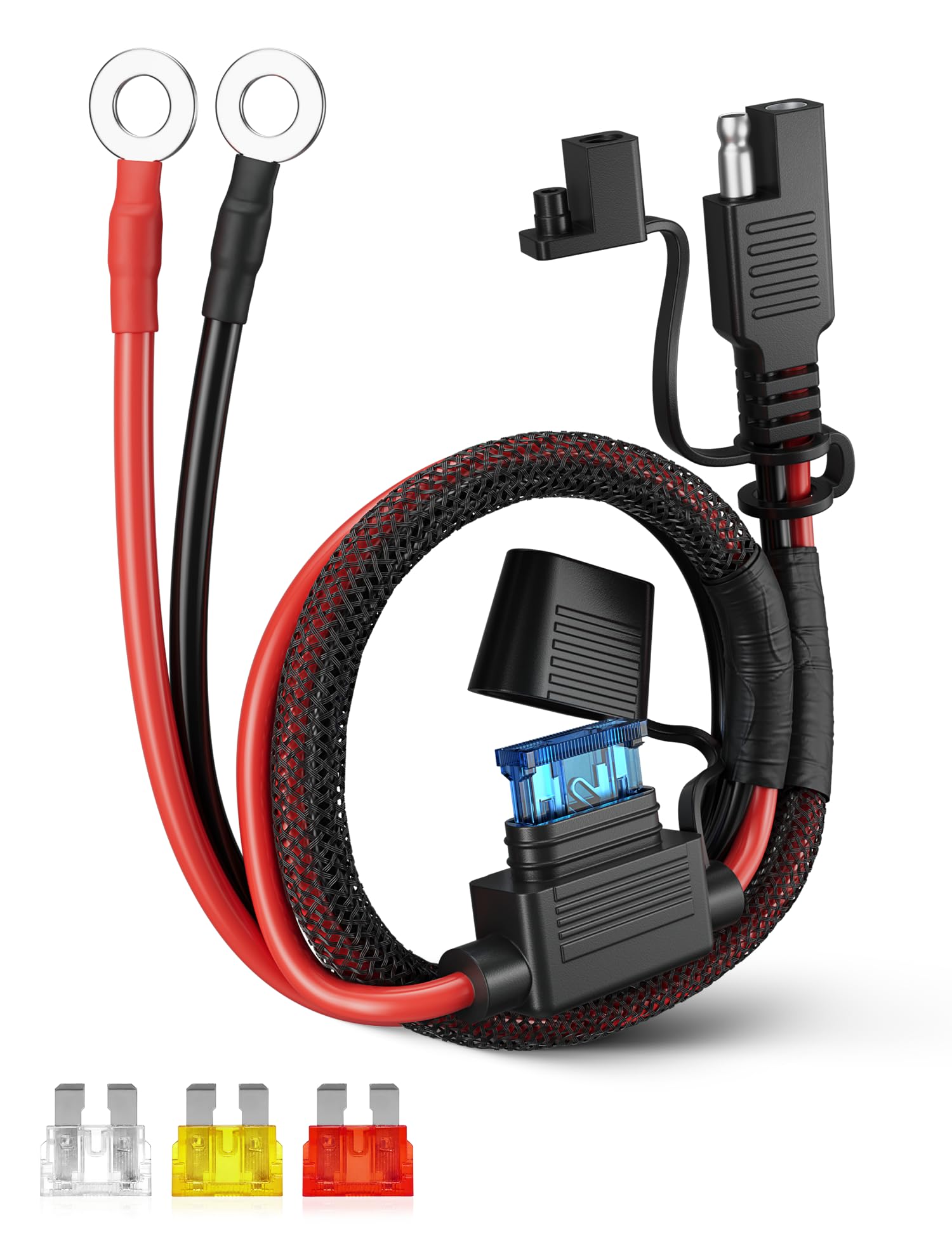 Oyviny 2.5FT 12AWG SAE Battery Connector Extension Cable with 10A 15A 20A 25A Fuses, UL Certified SAE to O Ring Terminal Quick D