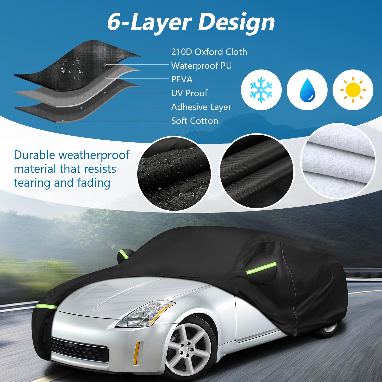 Car Cover Waterproof for 2003-2009 Nissan 350Z,210D Oxford Cloth with Cotton Outdoor Car Covers with Zipper Windproof Heavy Duty
