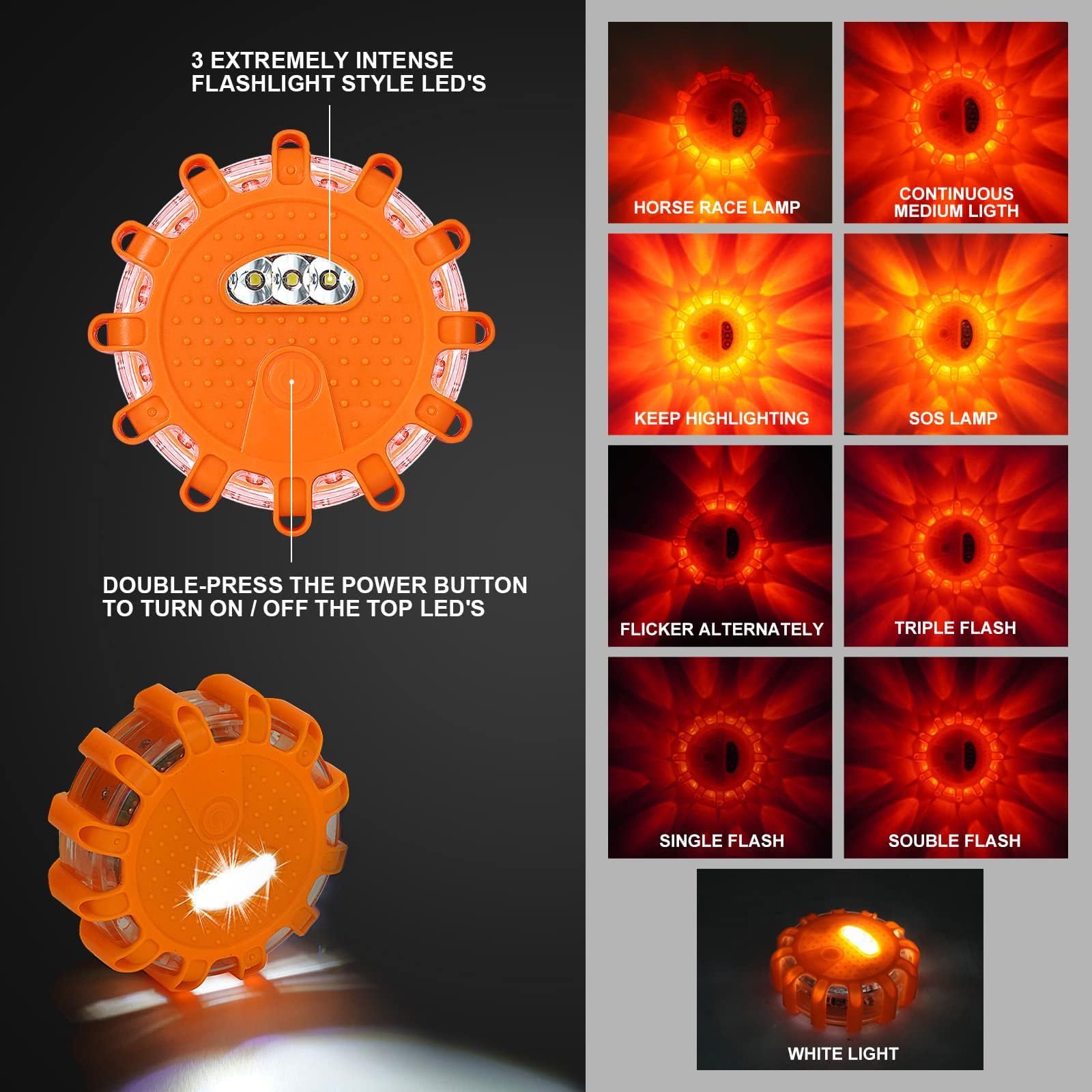Heigpan Gp904 Led Road Flares Emergency Light Kit, 9 Glow Modes Strong Magnet Hang Hook For Holiday Gift, Road Emergency Rescue