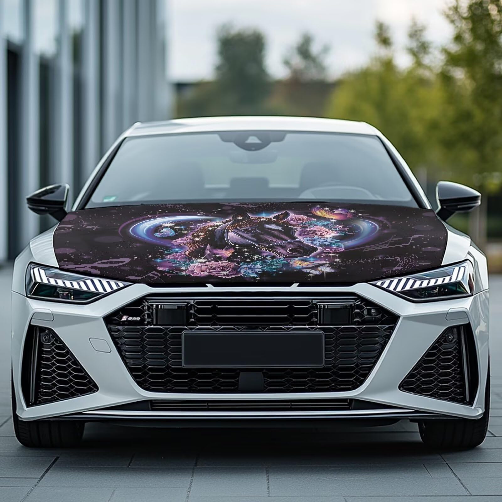 Beautiful Rose Horse Car Hood Cover Protector 59  39 Inch Auto Hood Wrap Blankets Stretchable Waterproof Sun Proof Automotive Ex