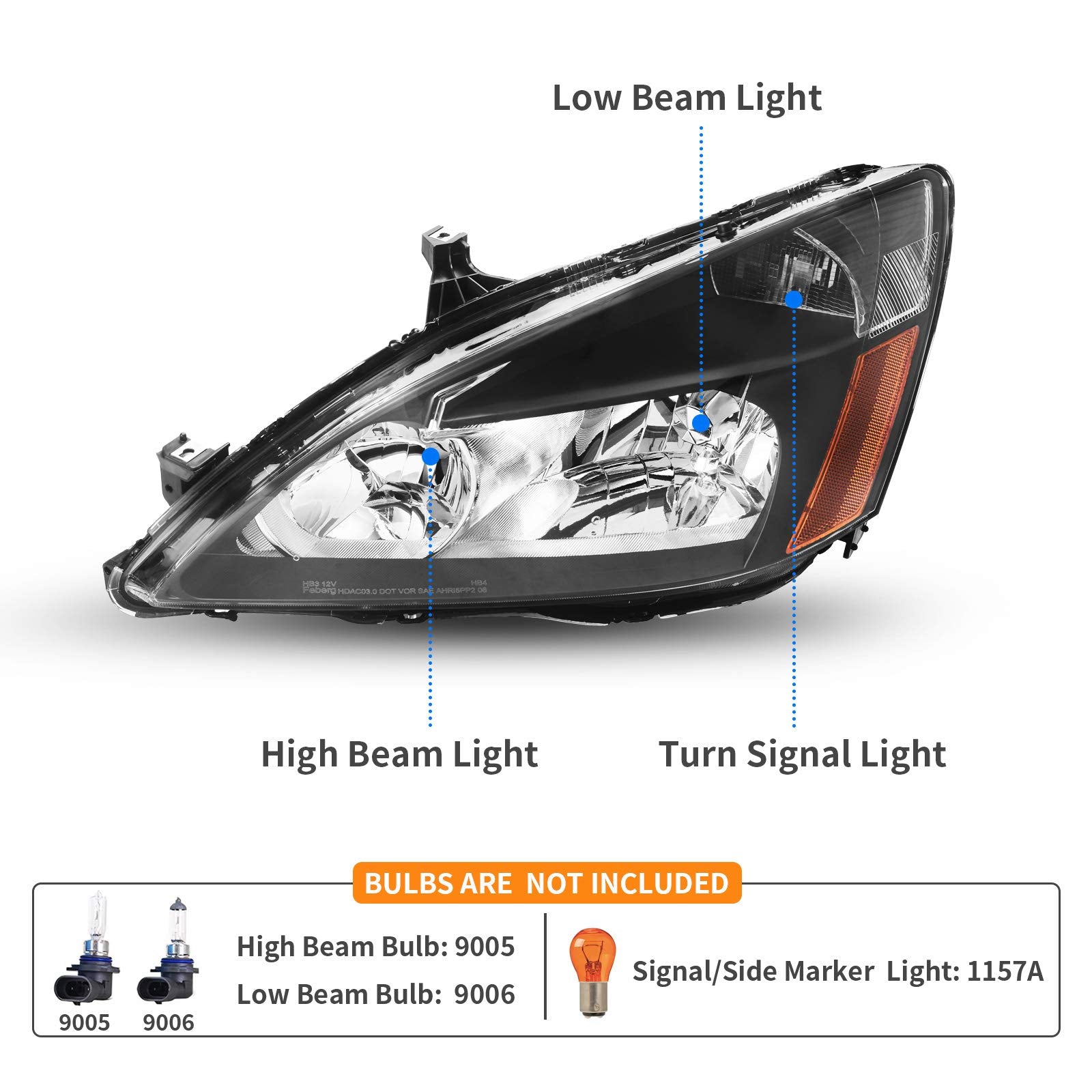 Dwvo Headlight Assembly Compatible With 03-07 2003 2004 2005 2006 2007 Accord Replacement Headlamps Amber Reflector Black Housin