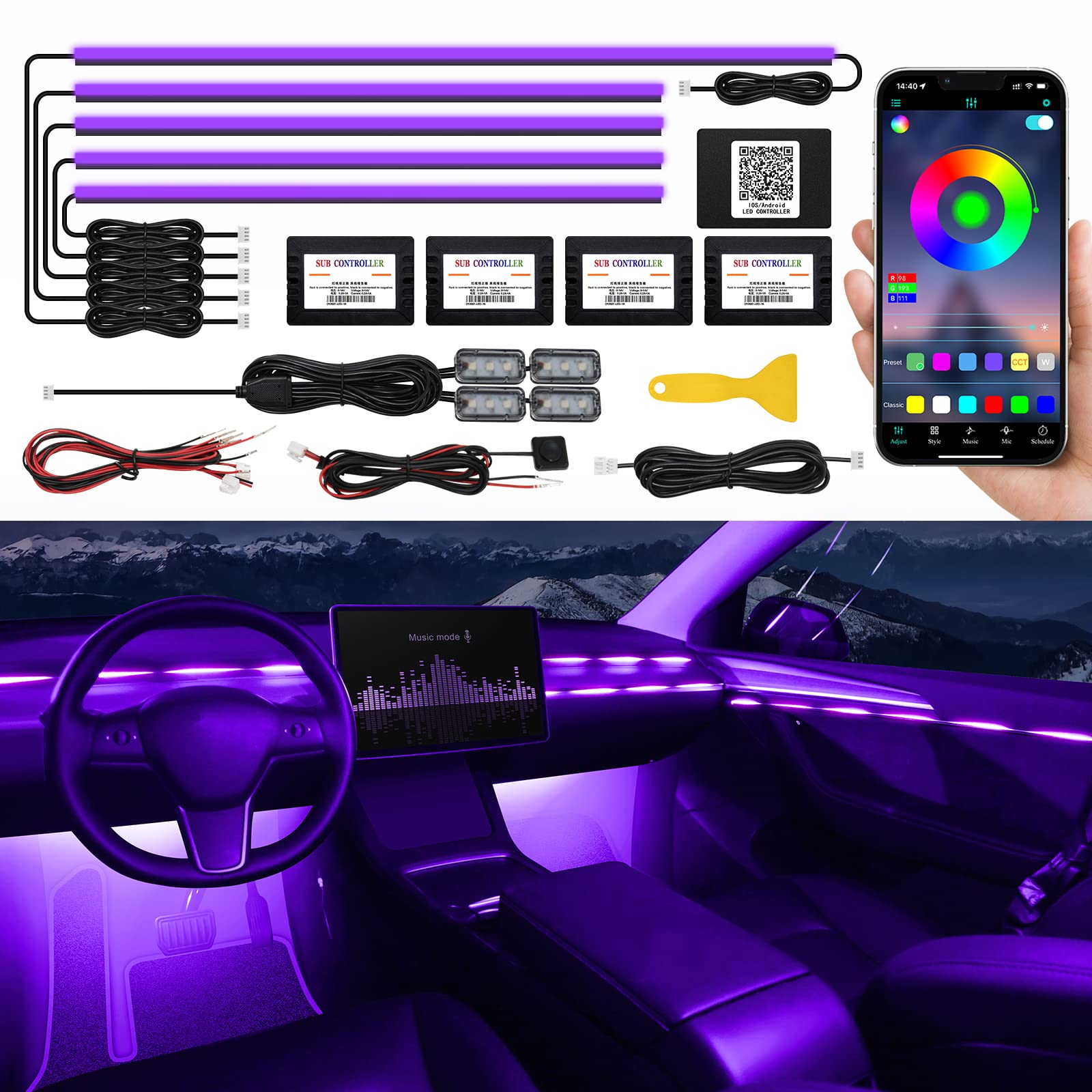 Acrylic Interior Car Led Strip Light With Wireless App, Rgb 10 In 1 With 175 Inches 593 Leds Fiber Optic Ambient Lighting Kits,