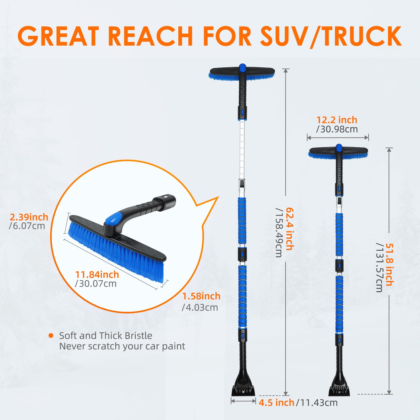 Astroai 62.4'' Ice Scraper And Extendable Snow Scraper For Car Windshield With Foam Grip And 360