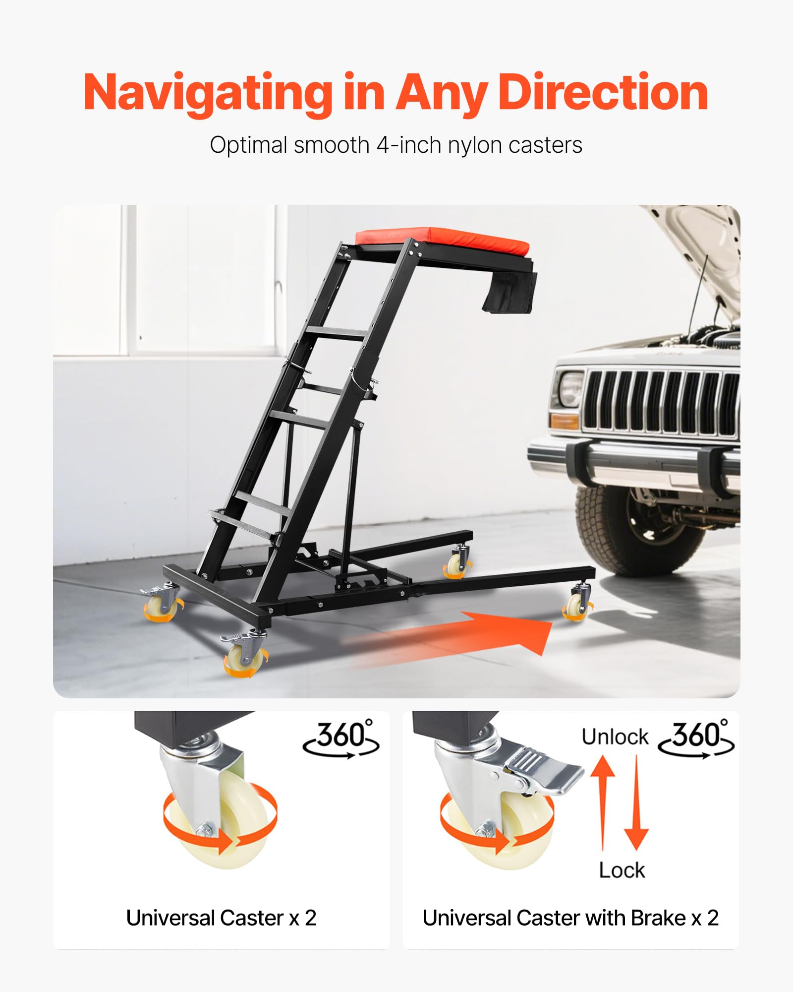 VEVOR Automotive Topside Creeper, 400 LBS Capacity High Creeper with 48 to 76 Adjustable Height, 4 Swivel Caster Wheels, Hea