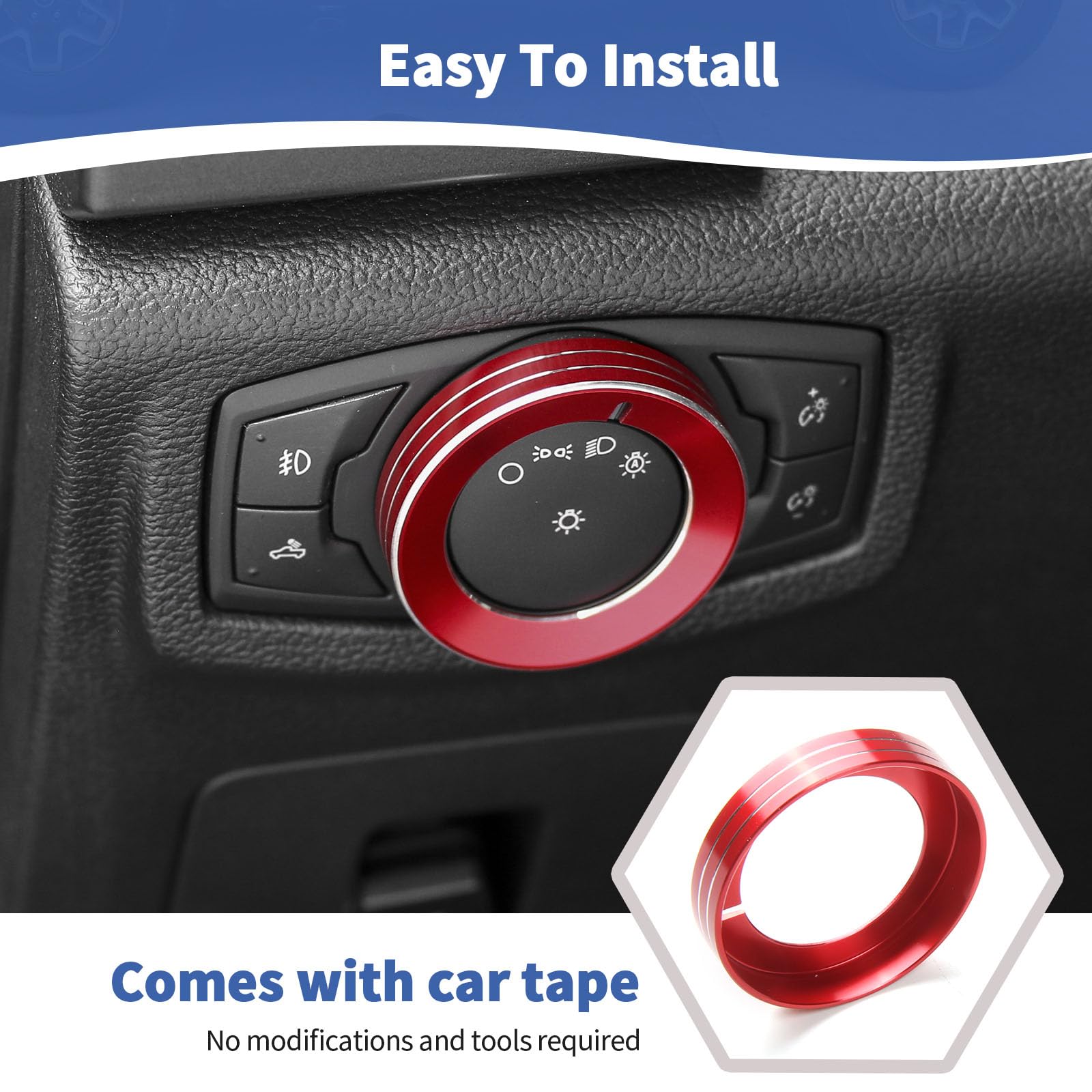 Rt-Tcz For F150 Headlight Switch Knob Ring Trim Cover For Ford F150 Mustang 2015-2020 Red Interior Accessories