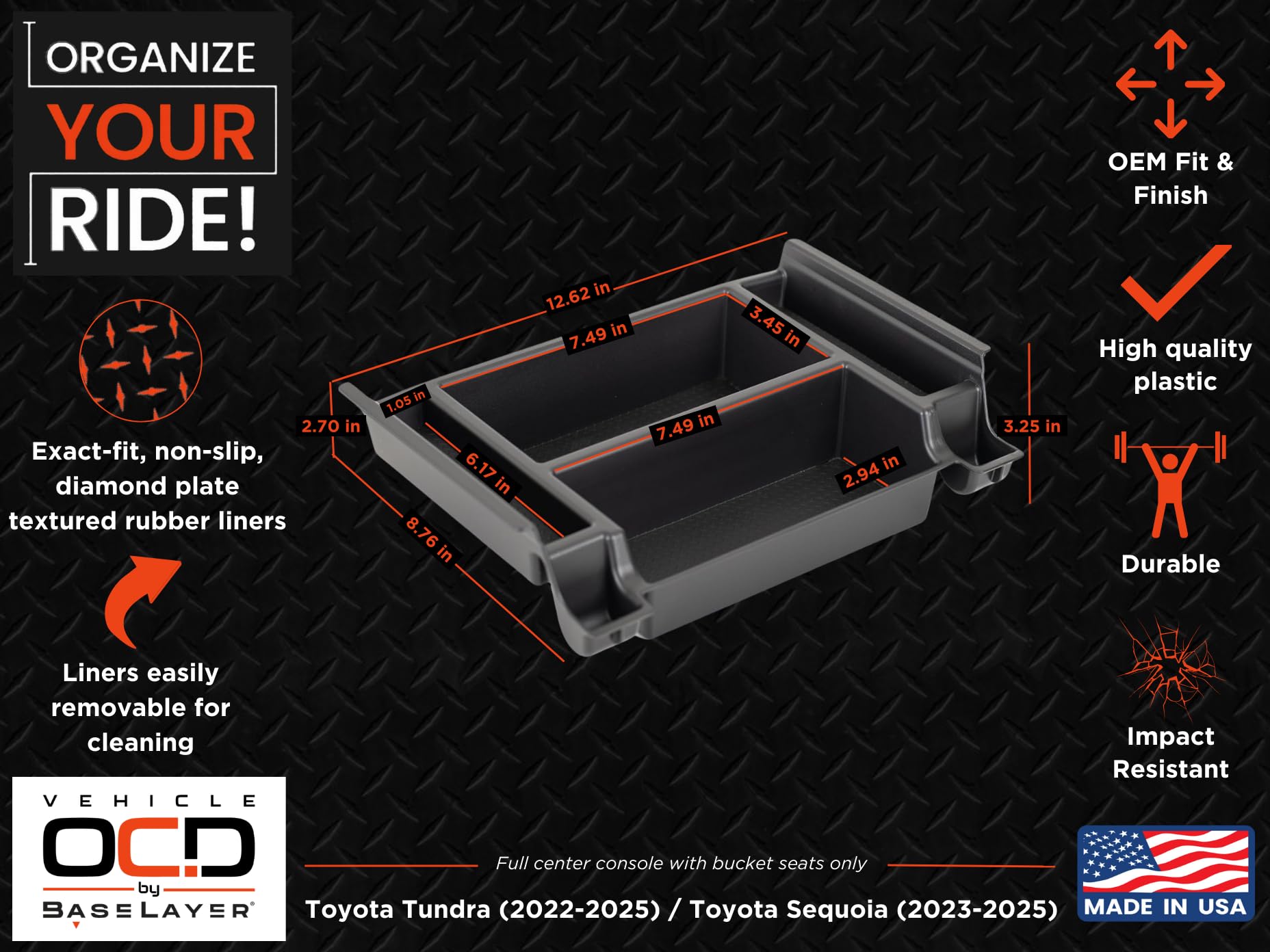 Vehicle Ocd - Center Console Divider And Tray Organizer For Toyota Tundra (2022-2025) / Sequoia (2023-2025) - Made In Usa - Not