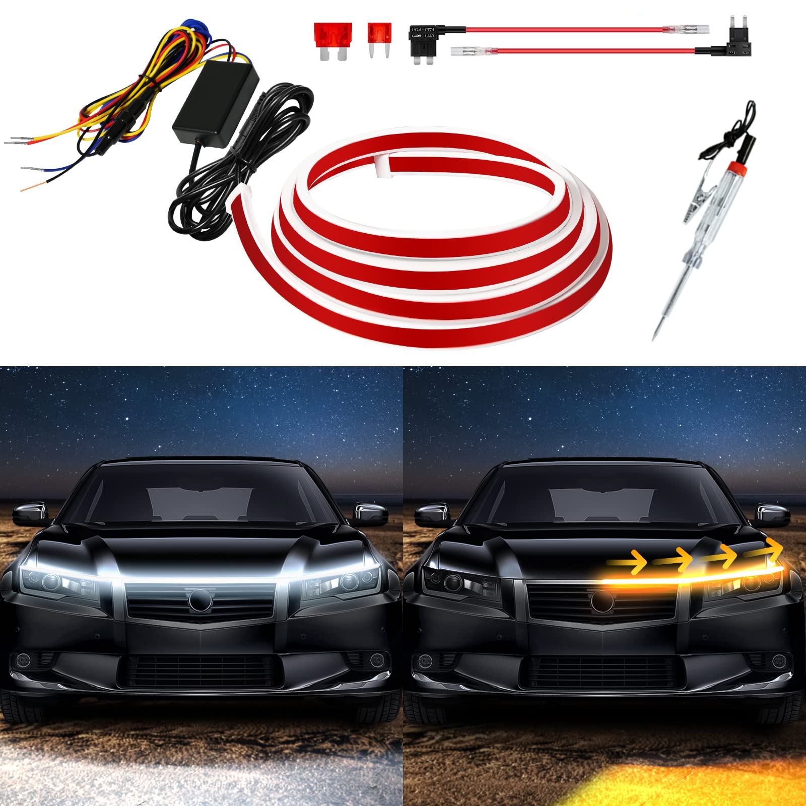 Exterior Car Led Hood Light Strip,Dual Color Dynamic Scan Start Up Hoodbeam Kit,Led Daytime Running Lights White&Amber Switchbac