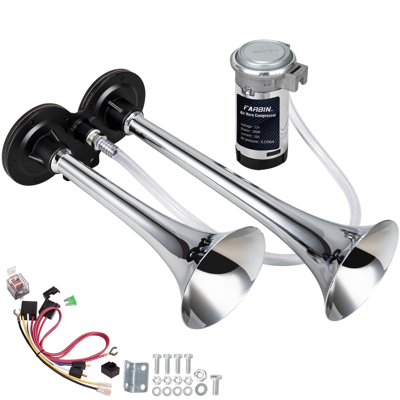 Farbin Car Horn 12V 150Db Super Loud Air Horn, Chrome Zinc Dual Trumpet Air Horns, Truck Horn With Compressor And Wire Harness,