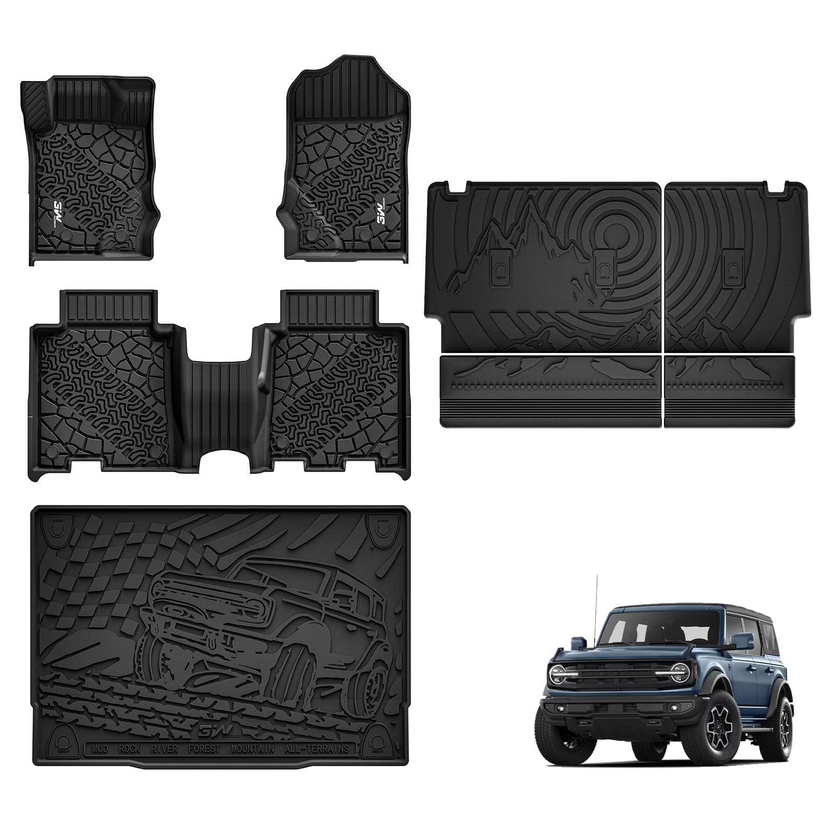 3W Ford Bronco Floor Mats & Cargo Liner & Back Seat Cover Custom Fit For 2021 2022 2023 2024 2025 Bronco 4 Door All Weather Cust