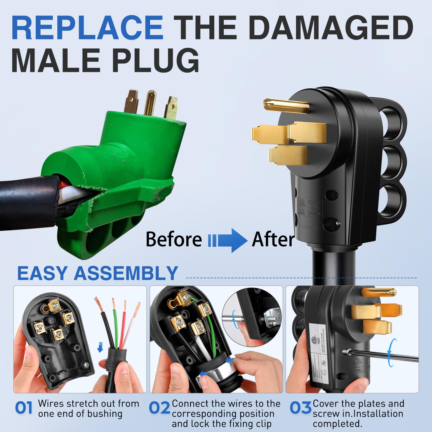 Nilight 50 Amp Rv Male Replacement Plug 125/250 Volt Heavy Duty Receptacle With Handle Etl Listed Nema 14-50P For Camper Caravan