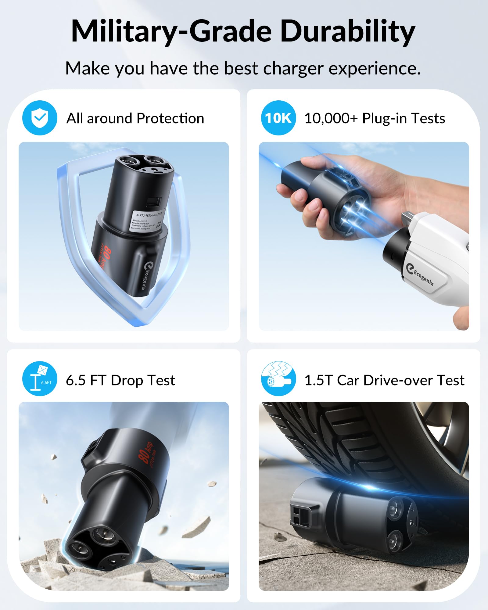 Ecogenix J1772 to Tesla Charger Adapter, Max 80A, Polycarbonate, Black, Model AusC17B - Fast & Safe Charging for Tesla Models