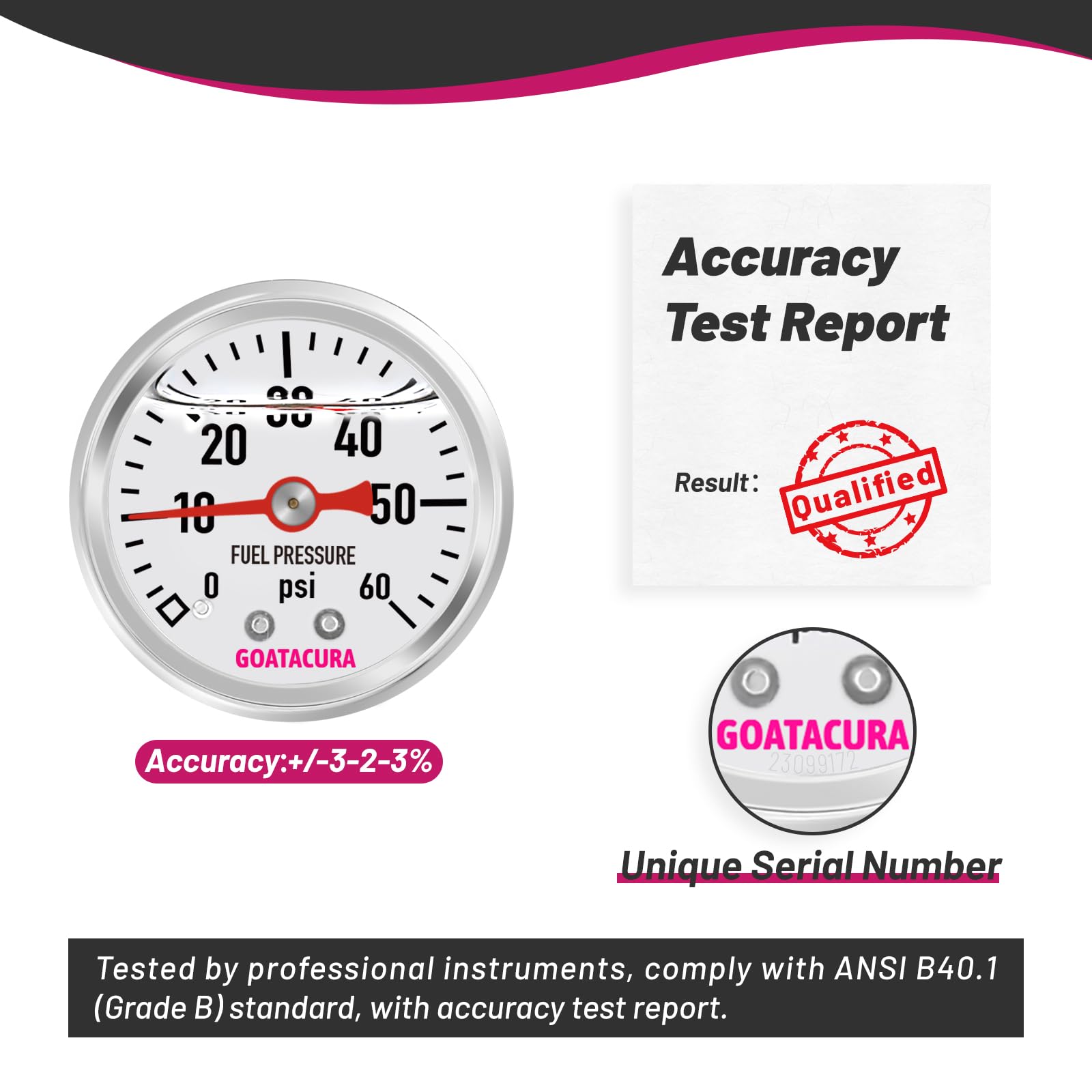 Goatacura 0-60Psi Glycerin Filled Fuel Pressure Gauge, 1-1/2'' Dial Size, 304 Stainless Steel Case, 1/8'' Npt Center Back Mount,