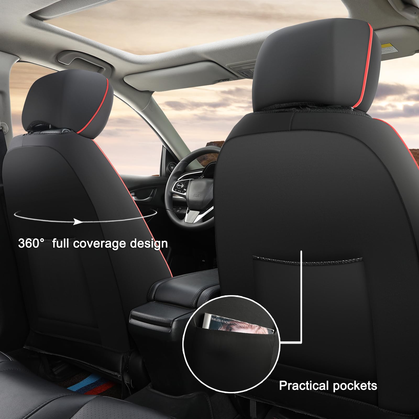 GIANT PANDA Front Car Seat Cover for Ford, Piping Leather Bucket Seat Covers Custom Fit Ford Escape Explorer Edge Mustang Bronco