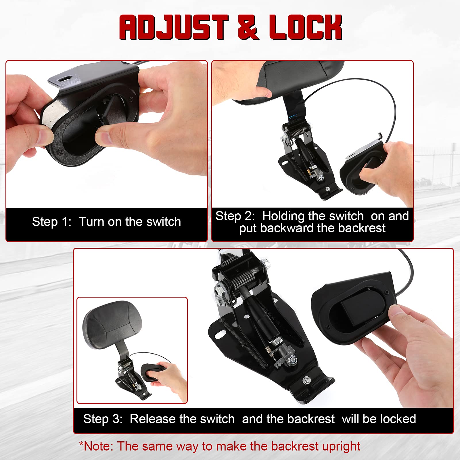 Innoglow Motorcycle Adjustable Driver Backrest Rider Backrest With Black Mounting Kit For Harley Touring Electra Glide Road Glid