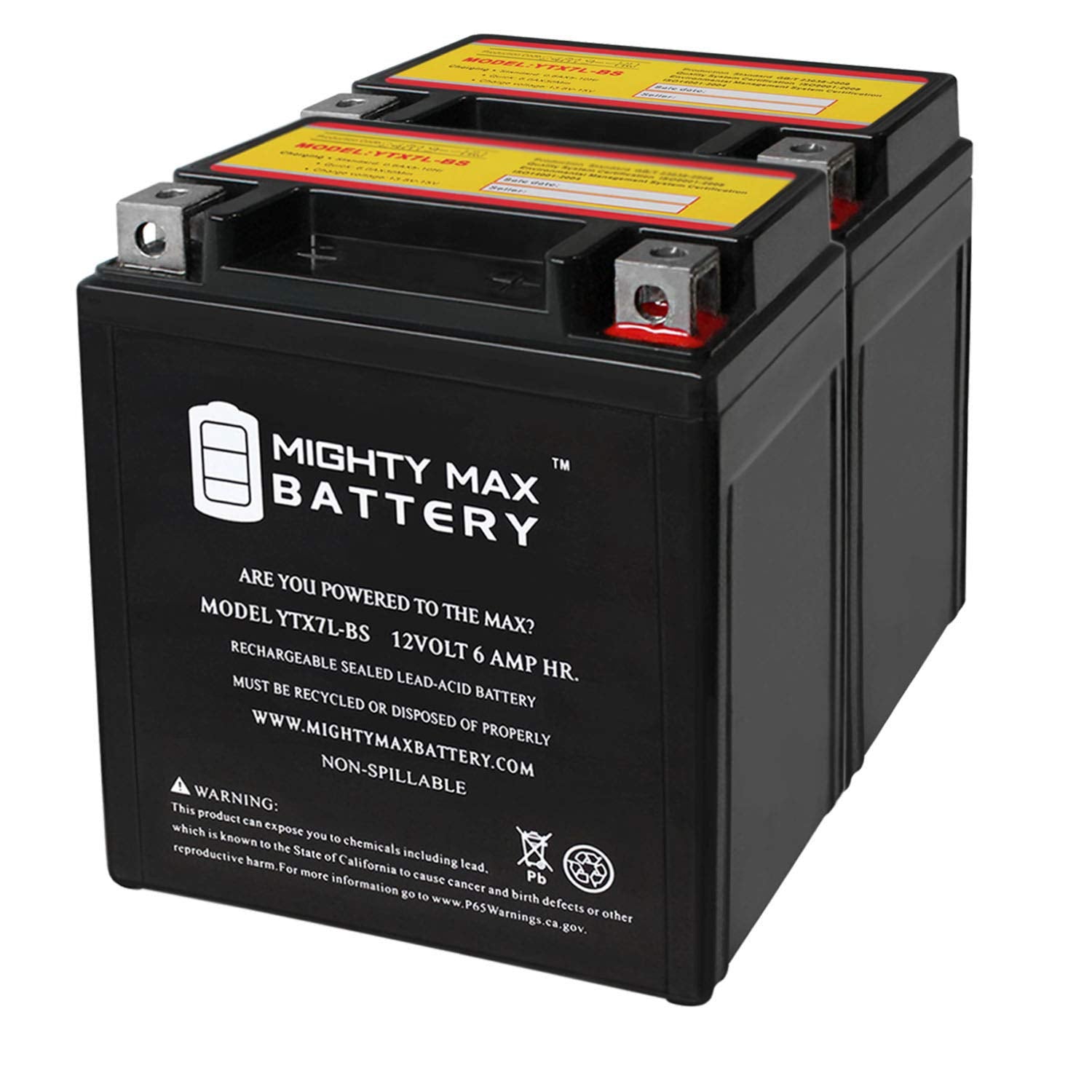 Mighty Max Battery Ytx7L-Bs 12V 6Ah Sealed Agm Battery For Motorcycle - 2 Pack