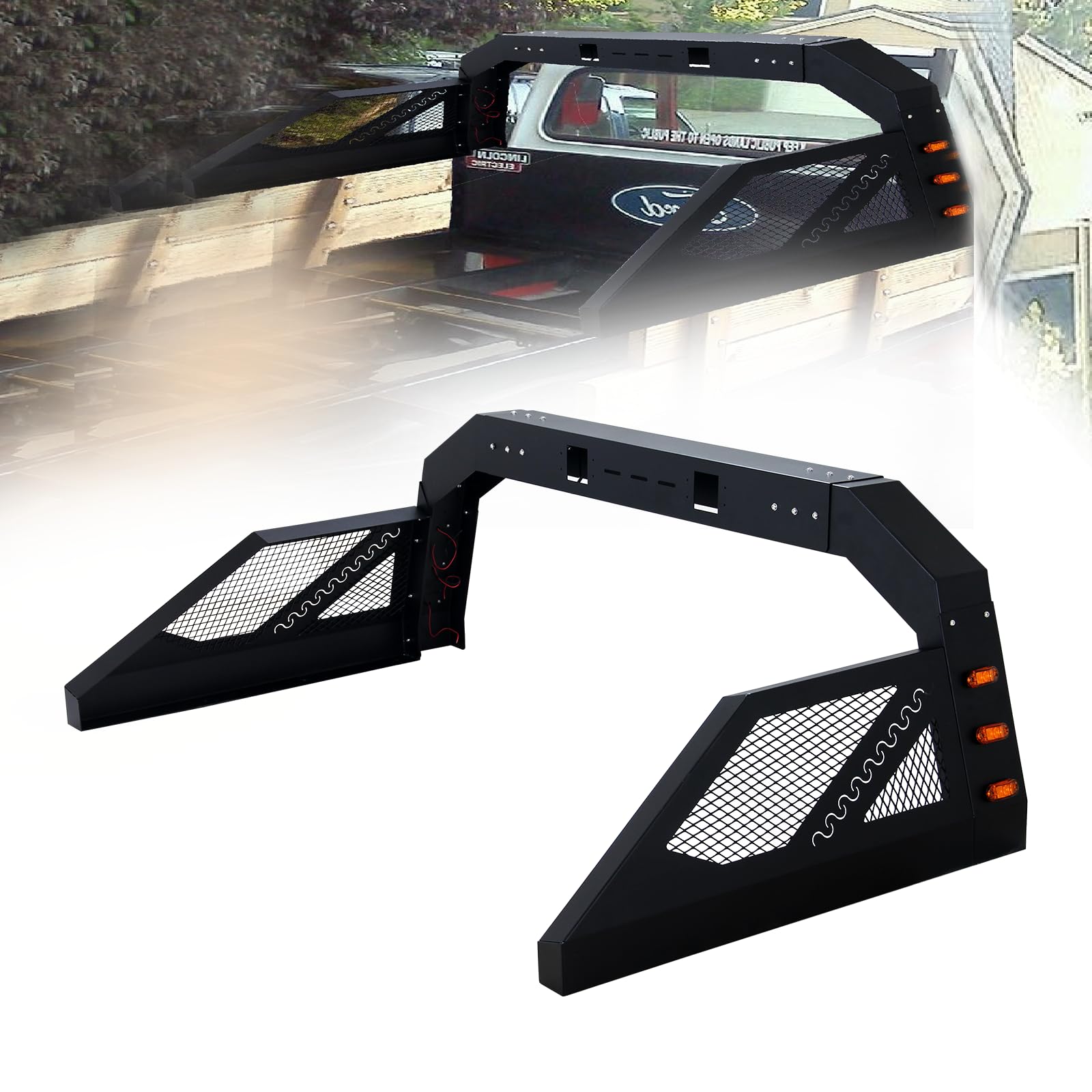 OUKIDR Universal Adjustable Truck Bed Chase Rack Roll Bar with 6X Amber Side Marker Lamps, Chase Rack Roll Bar for Full Size Pic