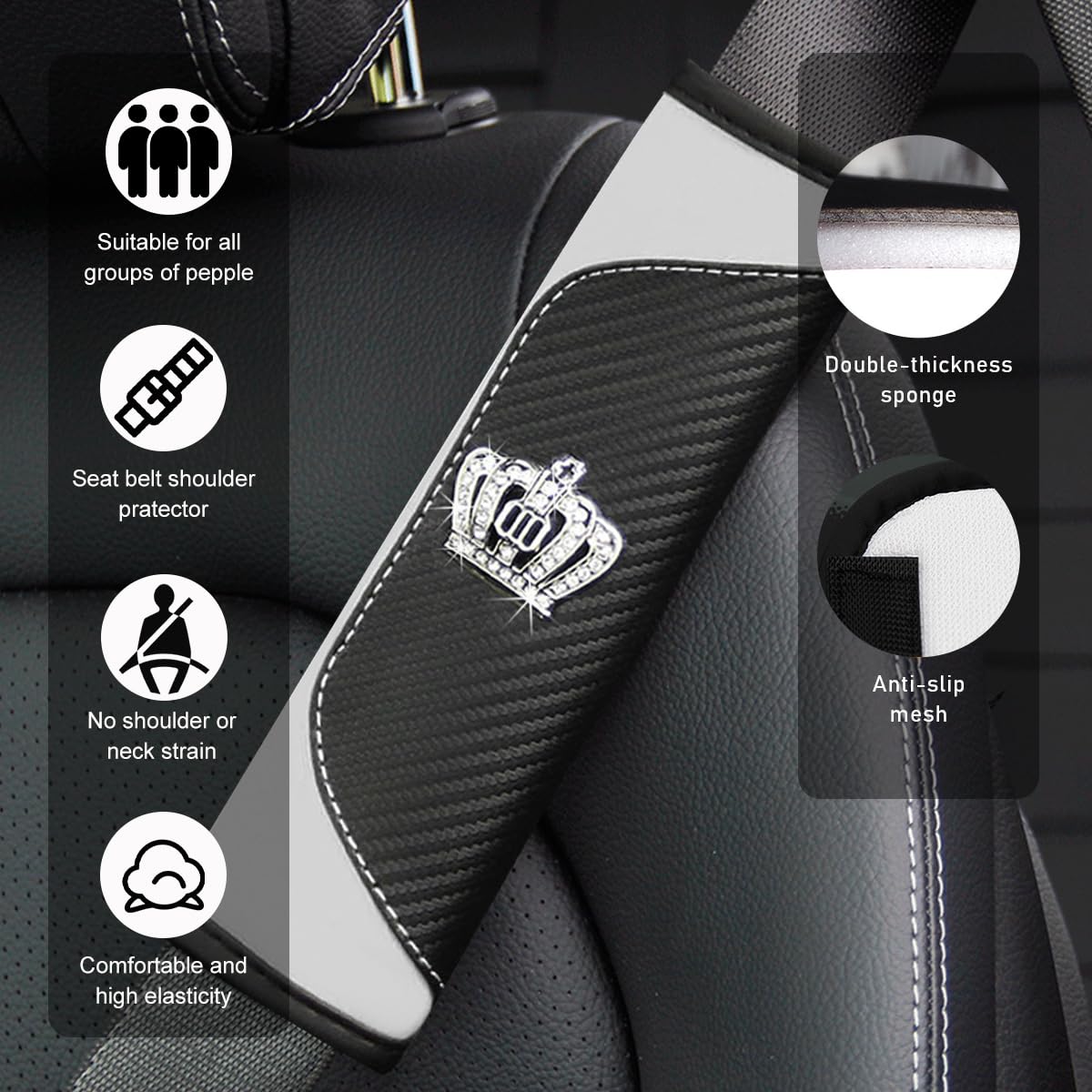Ziciner 2 PCS Car Seat Belt Cover, Soft Leather Safety Belt Shoulder Strap Covers with Bling Rhinestone Crown, Breathable Harnes