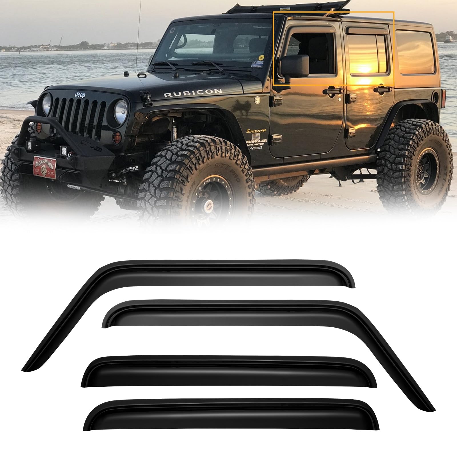 Cmvt Auto Window Visors For 2007-2018 Jeep Wrangler Jk Unlimited 4-Door, Rain Guards Shields Vent Shade Deflector Dark Smoke 08 