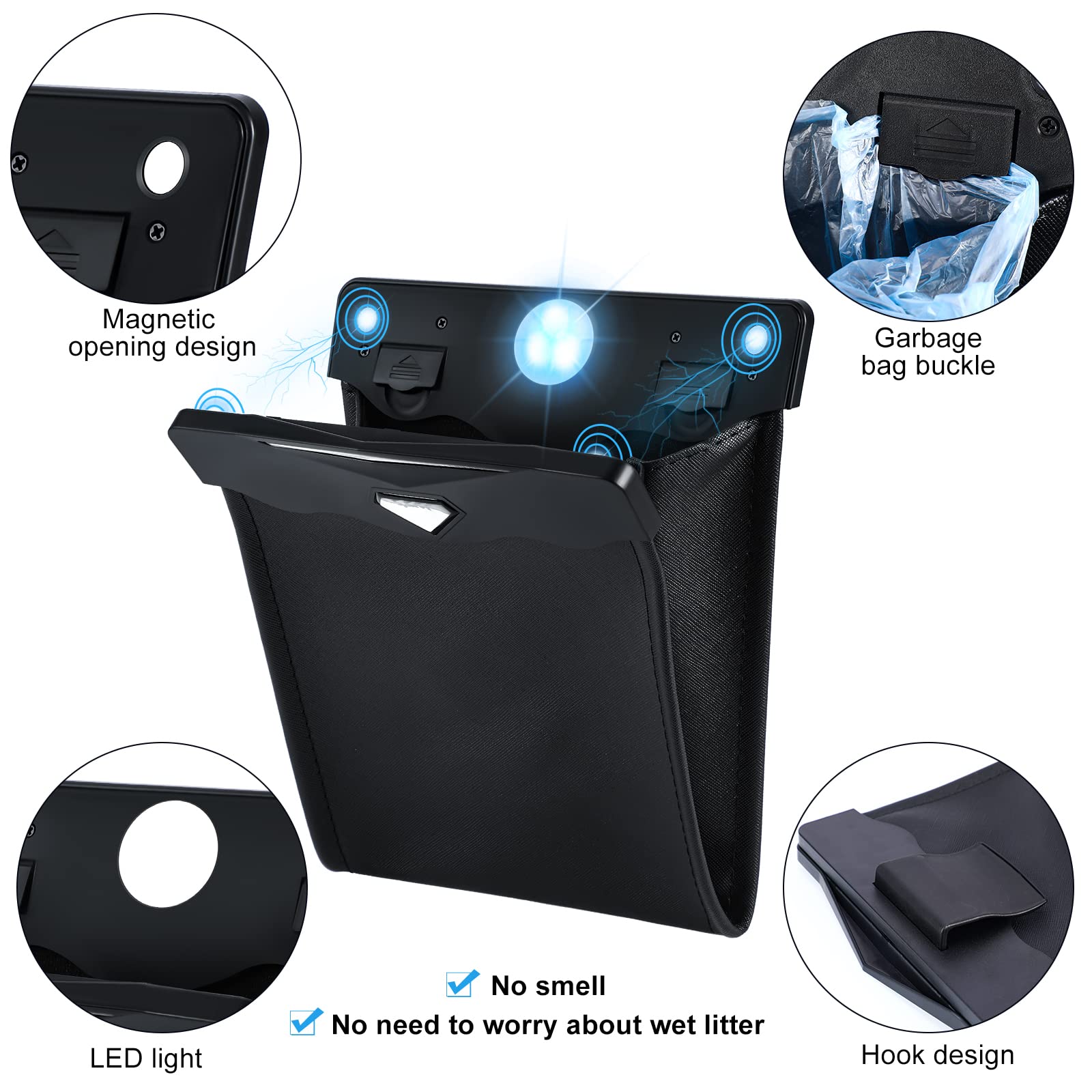 Fuutreo 2 Pcs Smart LED Car Trash Cans Waterproof Garbage Bags with 30pcs Disposable Trash Bags Hanging Leather Magnet Car Stora