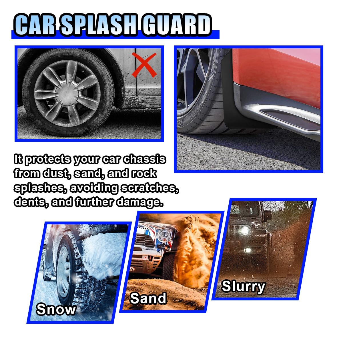 4PCS Universal Car Mud Flaps, Flexible Splash Guards Set for Front & Rear, Bendable Mudguards with Fastener Rivet Clips, Car Ext