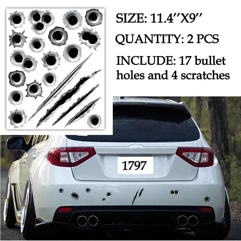 1797 Car Stickers Decals Bullet Holes 3D Sticker Scars Scratches Car Accessories Decoration Waterproof Trucks Vehicle Fade Funny Horrifying Front Rear 11.4''X9'' Pack Of 2