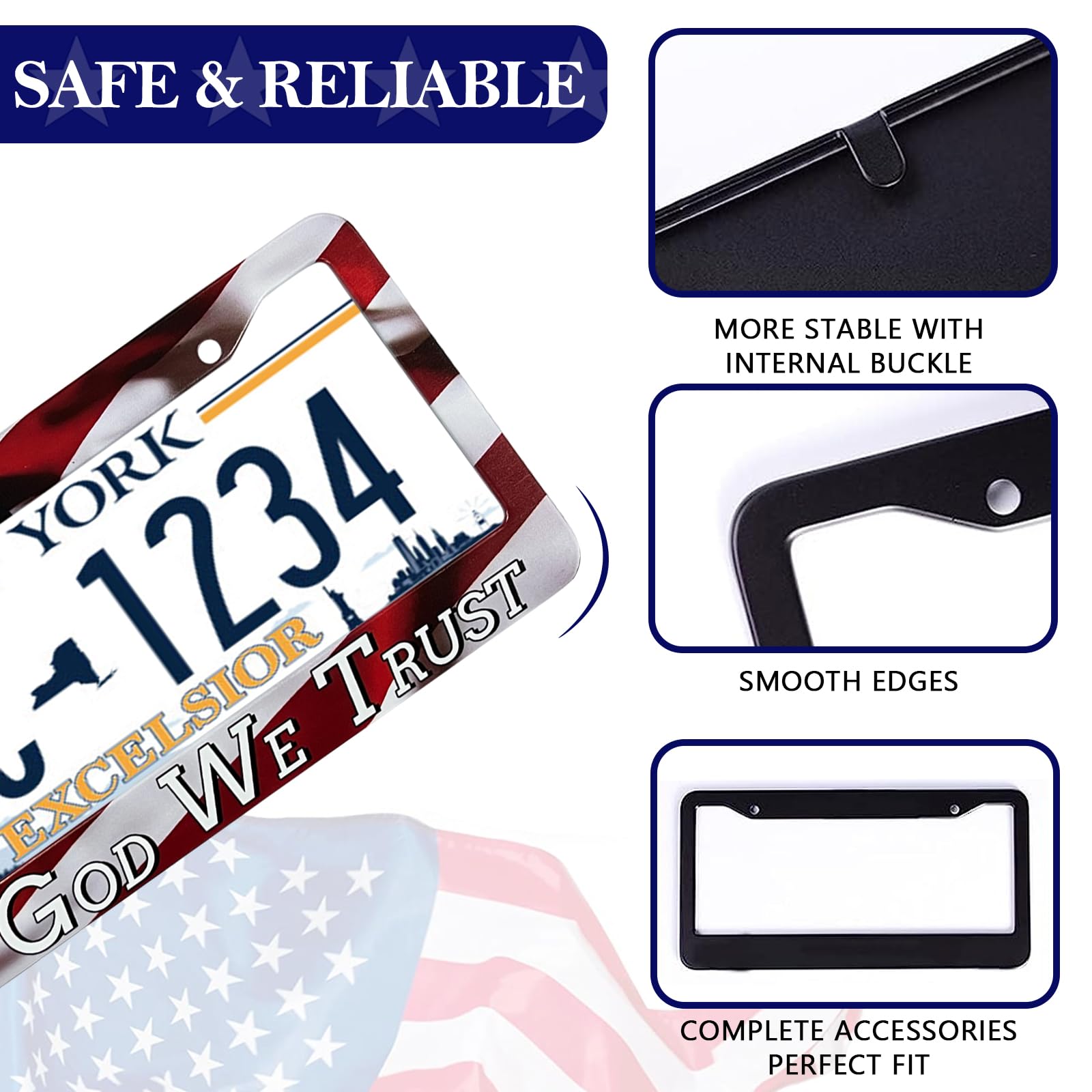 Lin Kang In God We Trust Christian License Plate Frames - 2 Pack American Flag Design Car Plate Holder Cover Universal Accessori