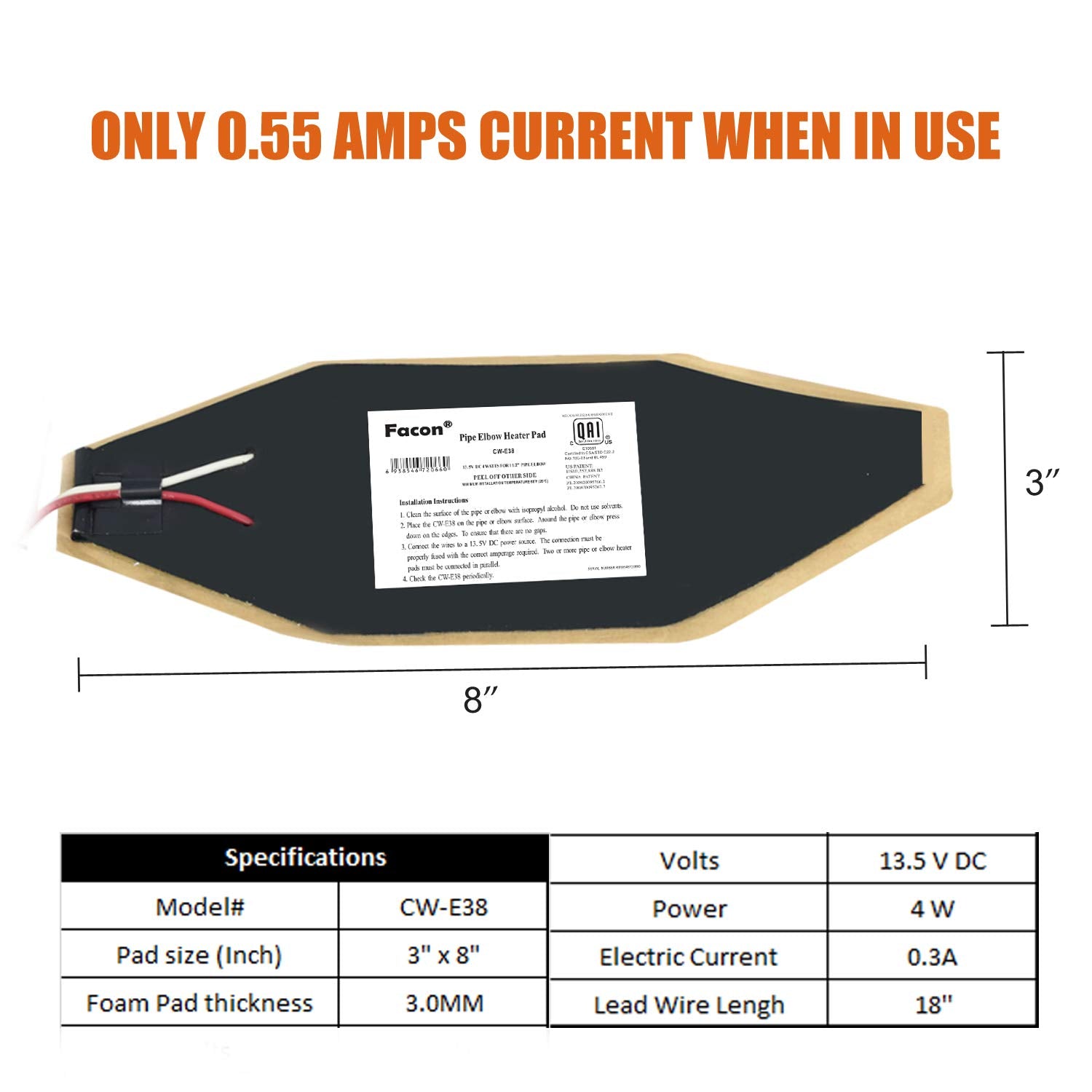 Facon 3'' X 8'' Rv Elbow Pipe Heater Pad, Work For 1-1/2'' Elbow Pipe, 3Packs 12V Tank Heater Pad, For Rv, Camper, Travel Traile