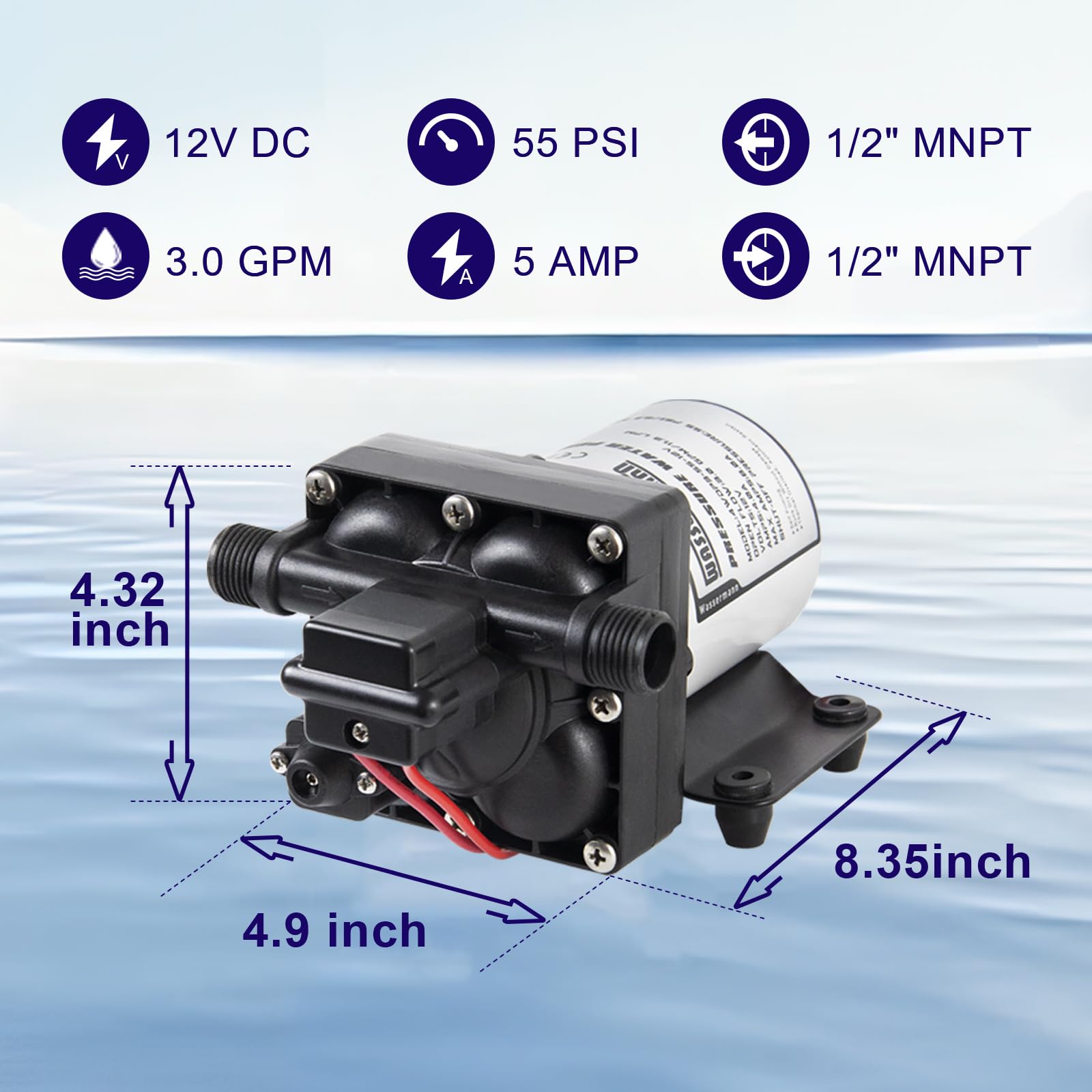 Wassermann Rv Water Pump 12 Volt Dc 3.0Gpm 55Psi,Replacement For Shurflo 4008-101-A65,Water Pump Self Priming Diaphragm Pump Wit