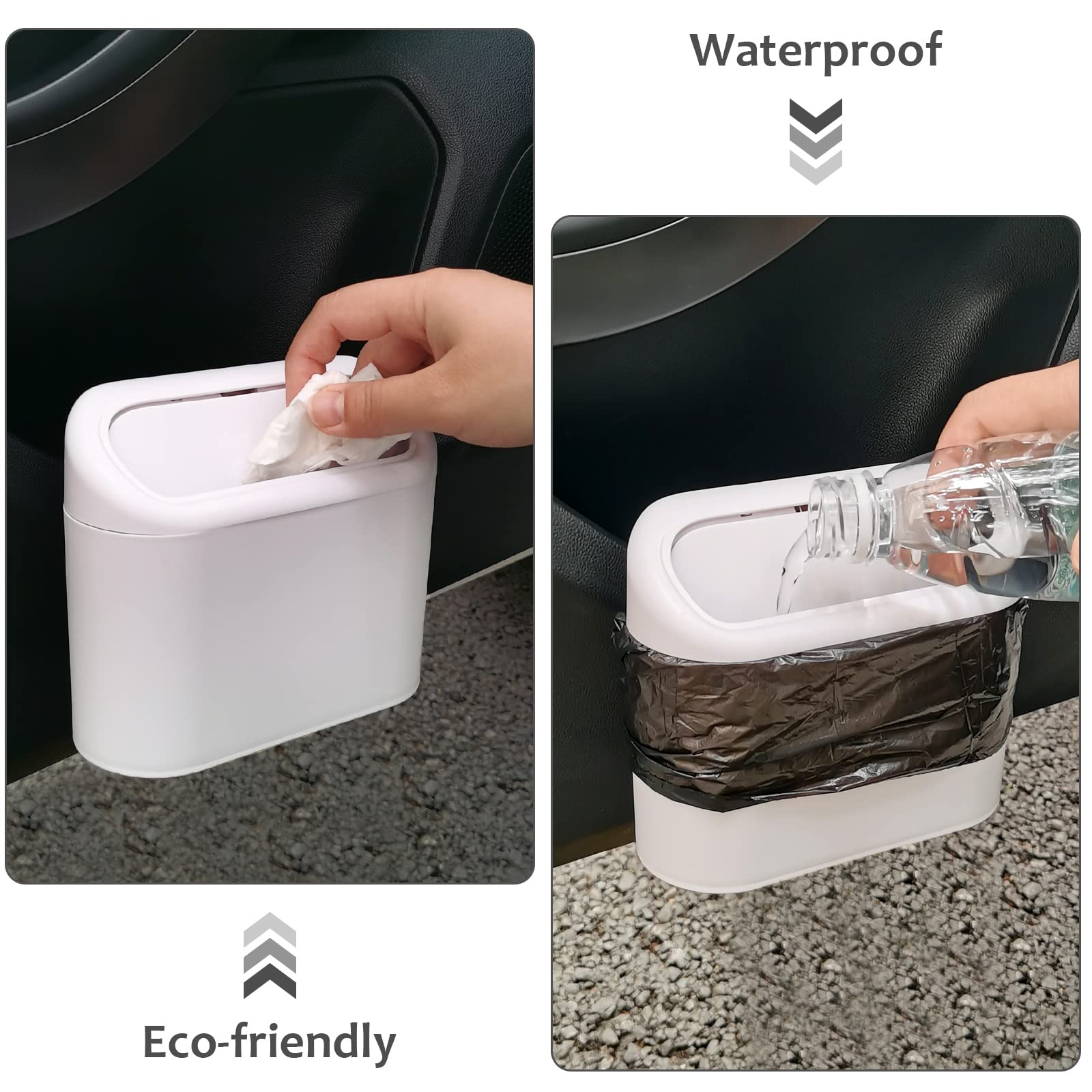 Accmor Car Trash Can With Lid, Vehicle Dustbin Garbage Organizer Holder With One Roll Bag, Mini Leakproof Storage Bin For Auto, Suv, Office (White)