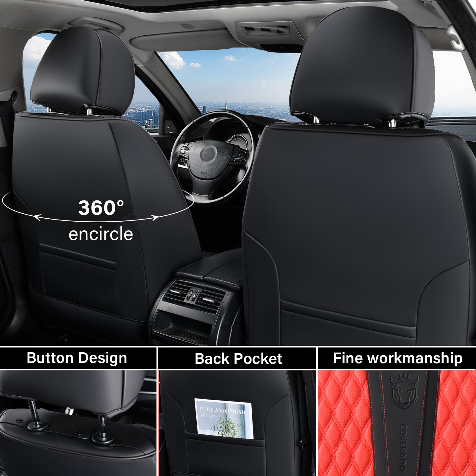 Coverado Car Seat Covers Front Seats, Luxury Faux Leather Seat Covers for Cars Waterproof Seat Covers with Lumbar Support, Car S