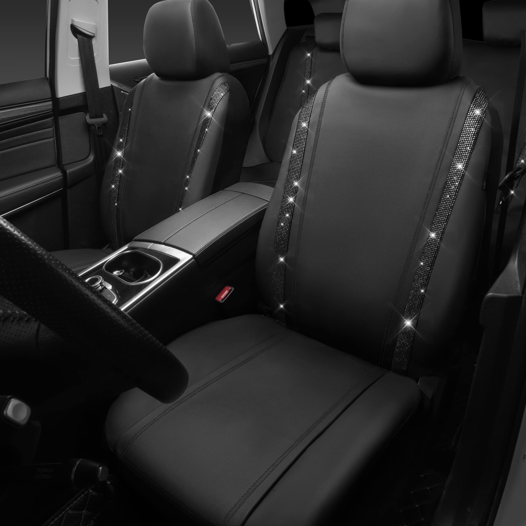 Car Pass Diamond Leather Bling Car Seat Covers Full Set, Shining Rhinestone Waterproof Durable Rear With Zipper, Universal Fit A